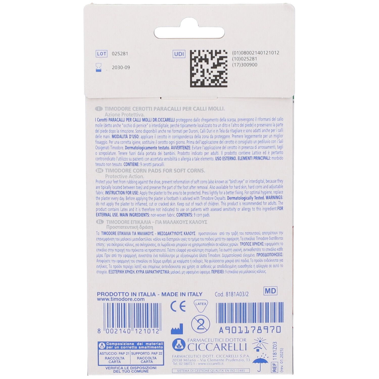 Rückseite der Verpackung von Timodore Dr. Ciccarelli Hühneraugen-Pflastern mit Produktinformationen und Zertifizierungen.