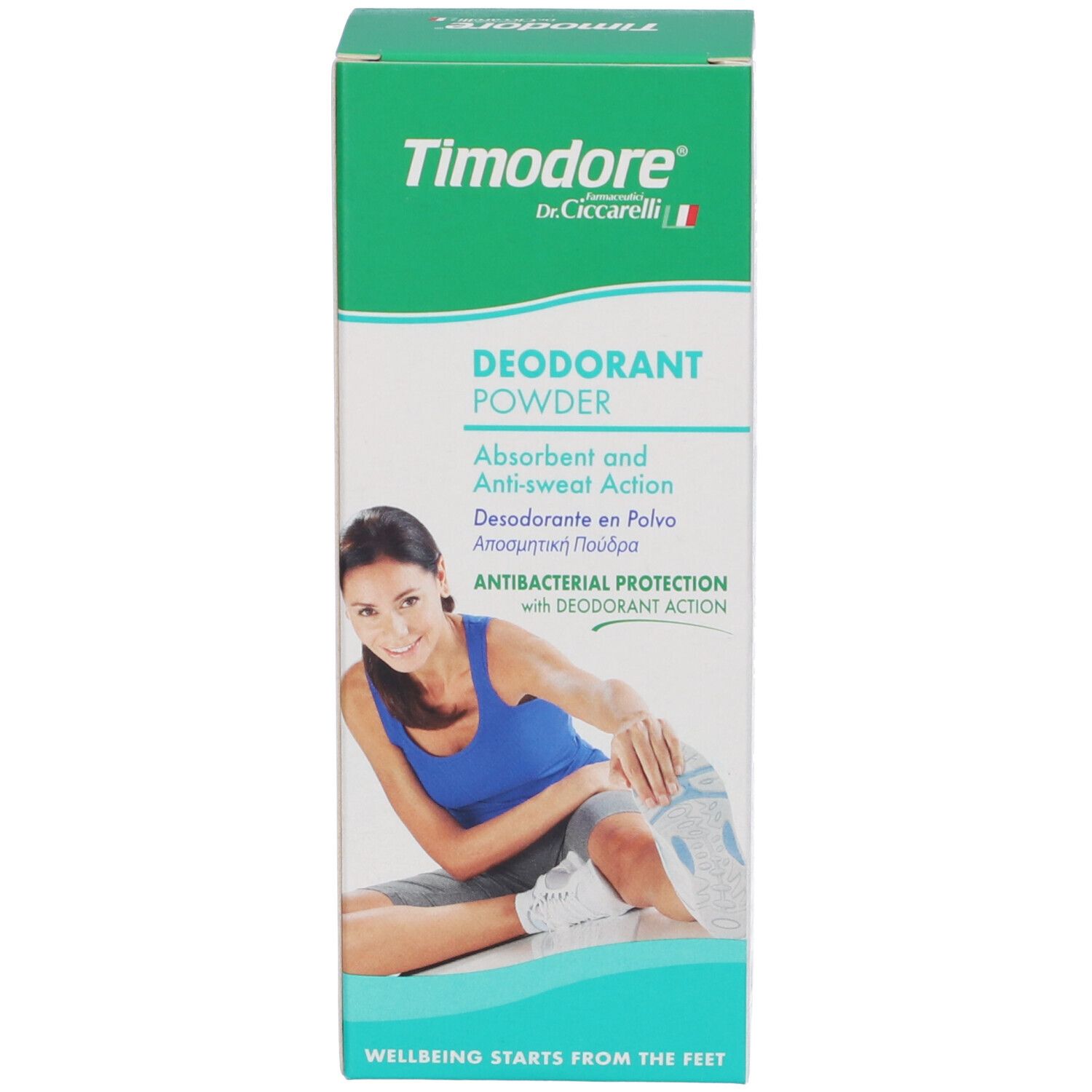 Seite der Verpackung Dr. Ciccarelli Timidore Deo Puder mit Anwendungshinweisen.