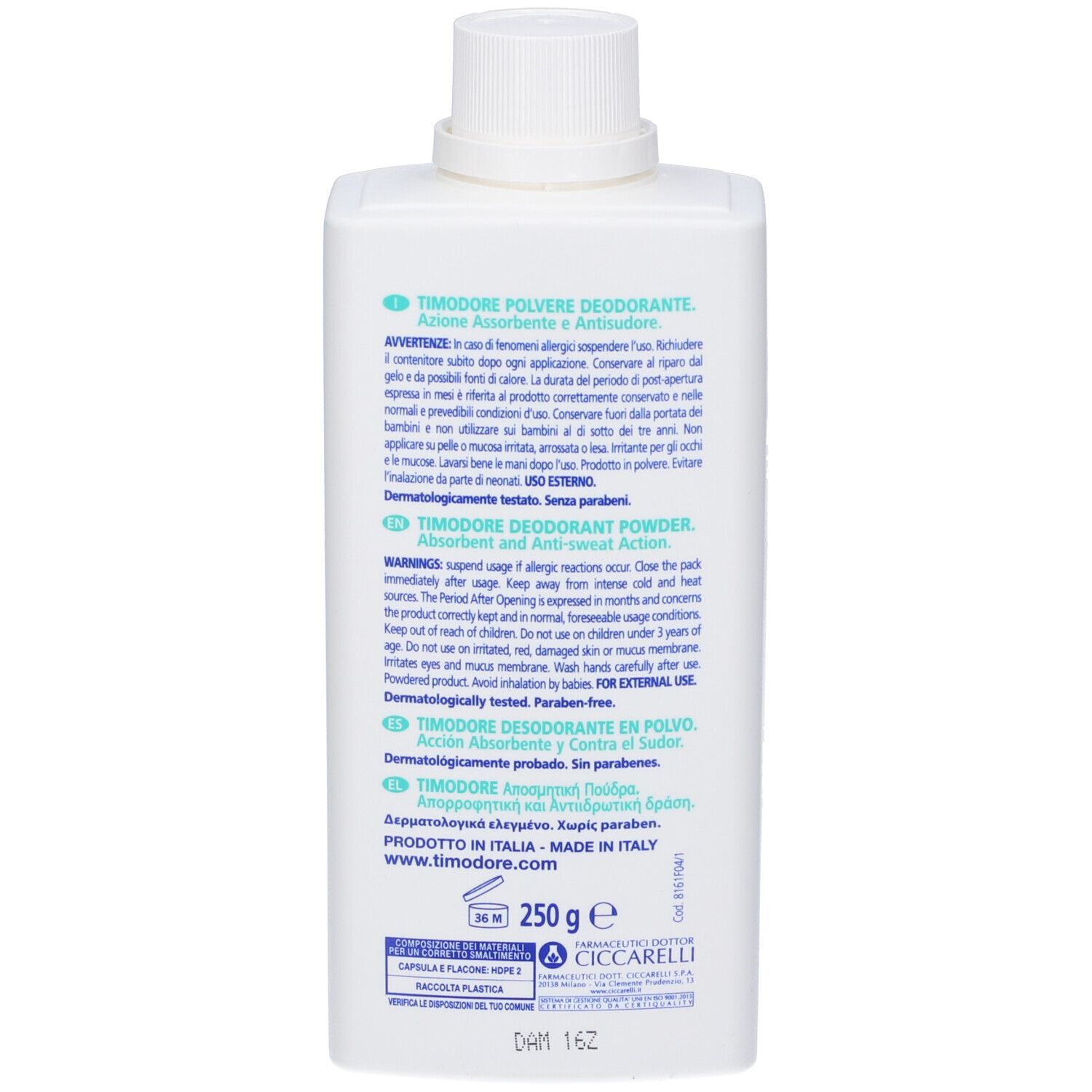 Weiße Flasche mit Timodore Deodorant Pulver, 250g. Dermatologisch getestet. Parabenfrei.