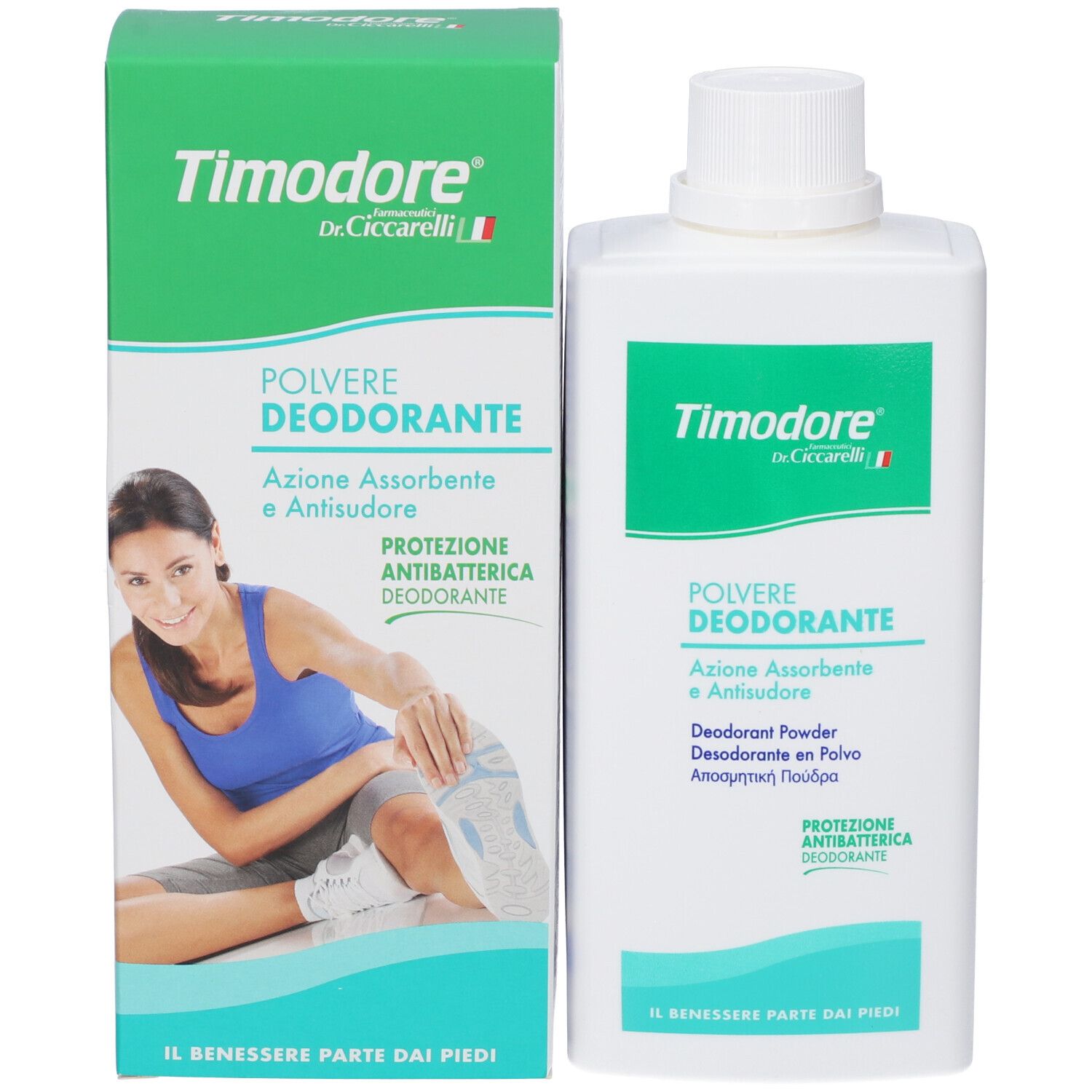 Timodore Deodorant Pulver: Flasche und Kartonverpackung mit Abbildung einer Sportlerin.