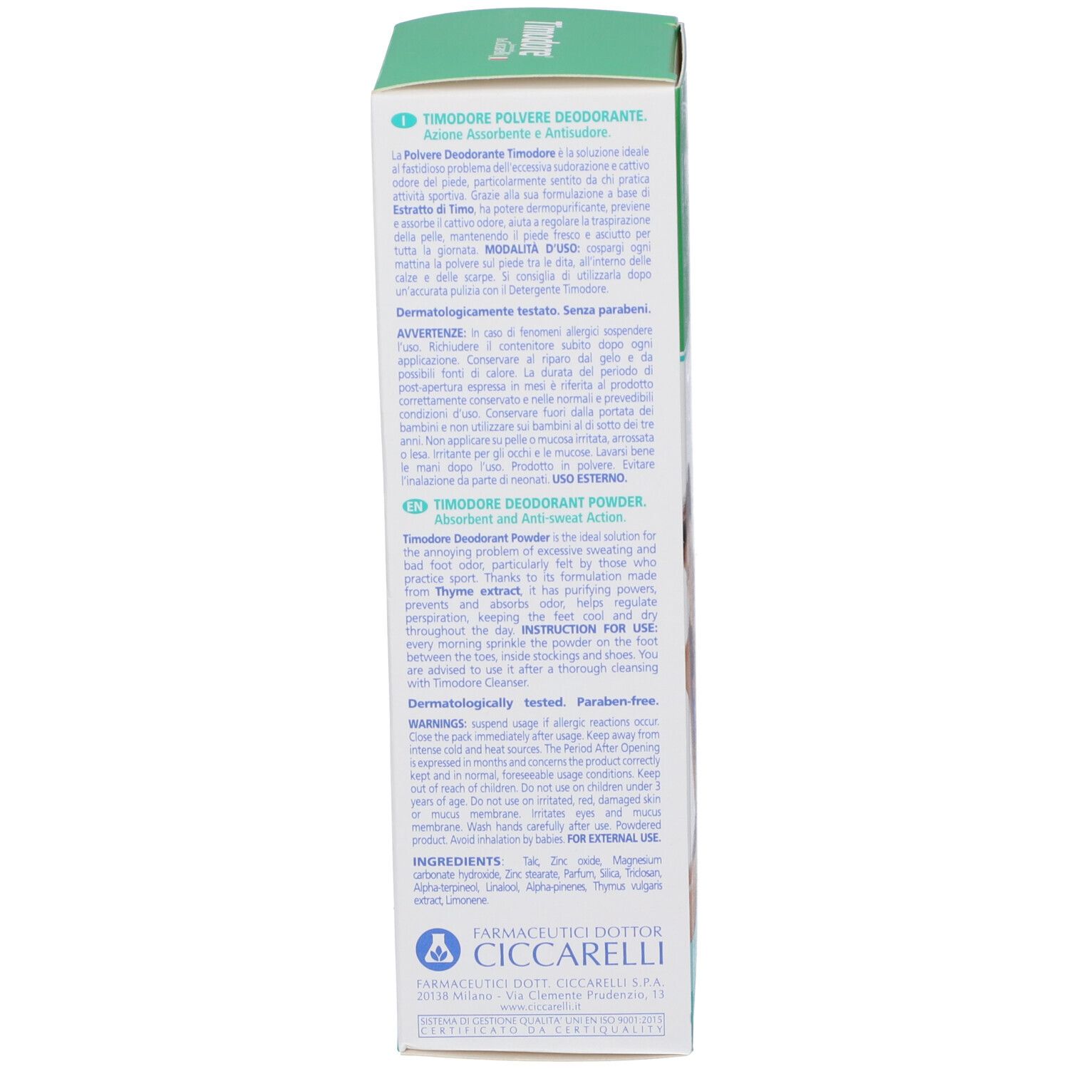 Verpackung für Timodore Deodorant Pulver, absorbierend und anti-Schweiß.