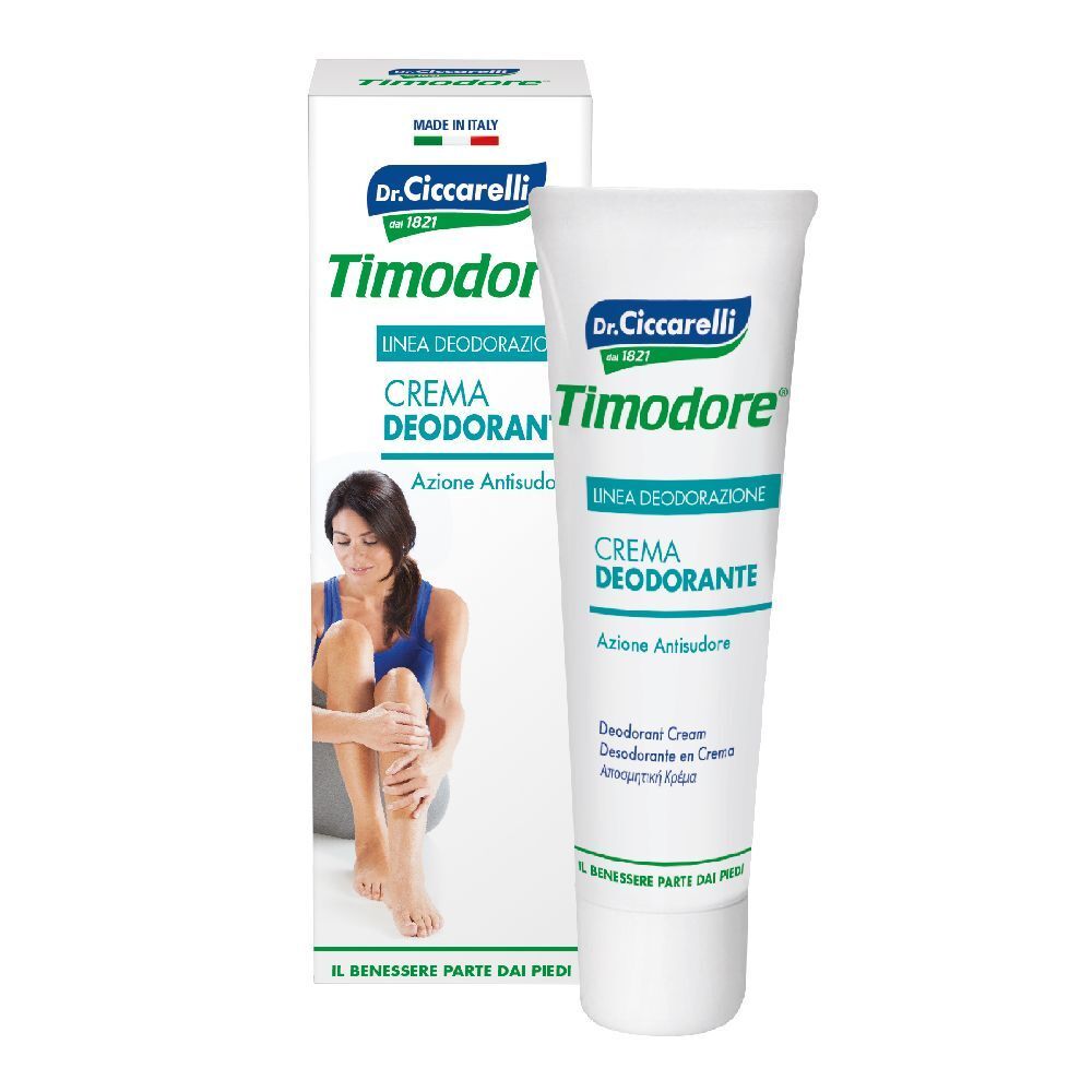 Tubo di crema con etichetta verde e bianca. Scritta: Timodore, Crema Deodorante. Donna con gamba sulla confezione.