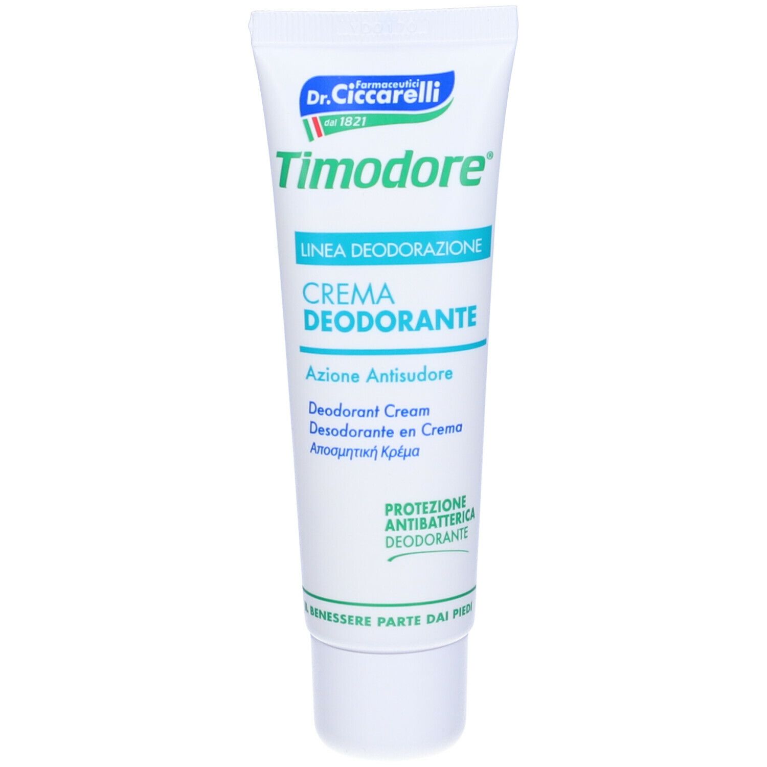 Tubo bianco con etichetta verde e bianca. Scritta: Timodore, Crema Deodorante, Azione Antisudore. Logo Dr. Ciccarelli.