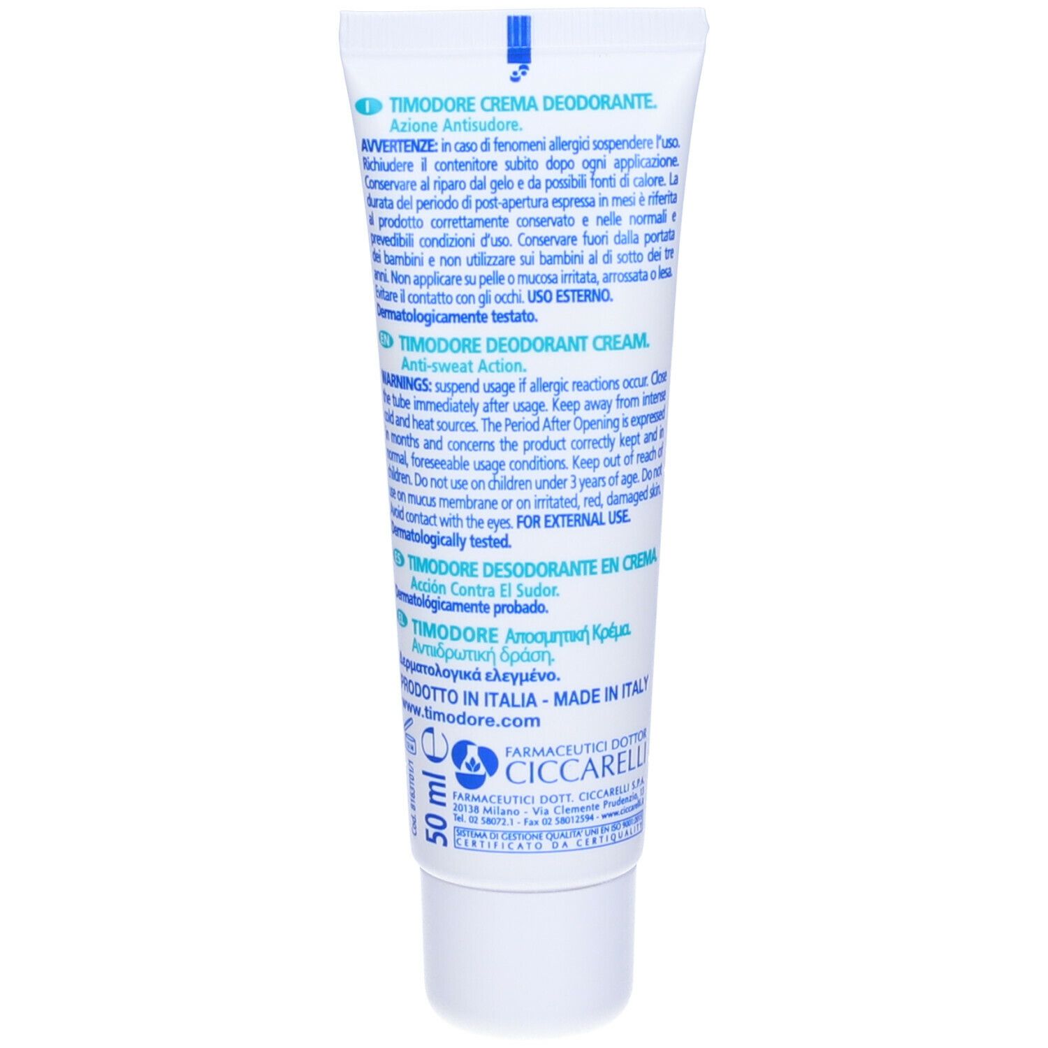 Retro del tubo. Testo multilingue. Scritta: Timodore, Crema Deodorante, 50 ml. Logo Dr. Ciccarelli.