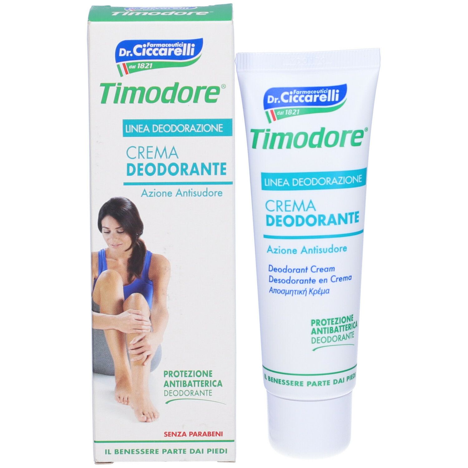Confezione e tubo del prodotto. Confezione con donna e gamba. Scritta: Timodore, Crema Deodorante. Logo Dr. Ciccarelli.