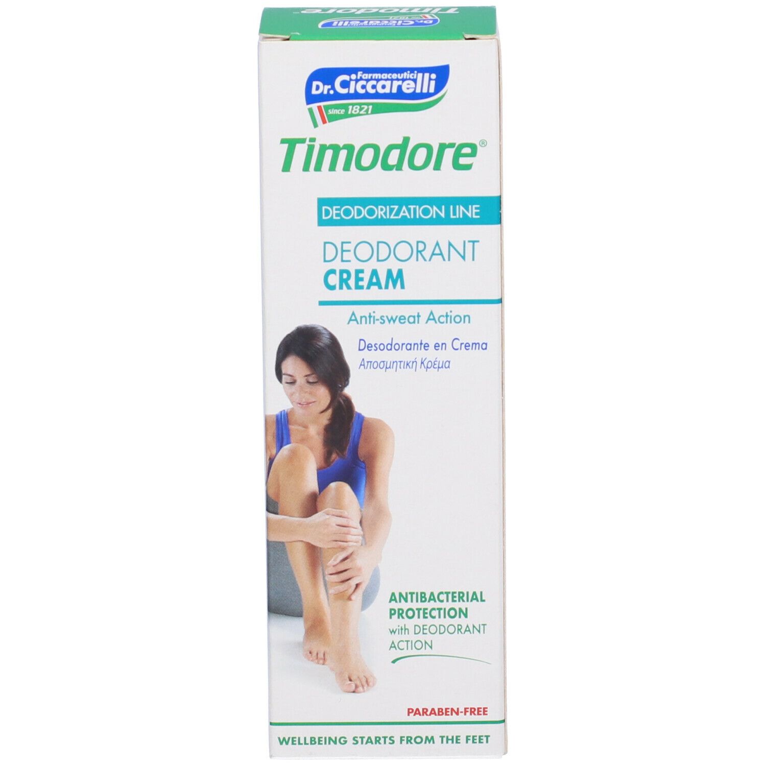 Confezione del prodotto. Donna con gamba. Scritta: Timodore, Deodorant Cream, Azione anti-sudore. Logo Dr. Ciccarelli.