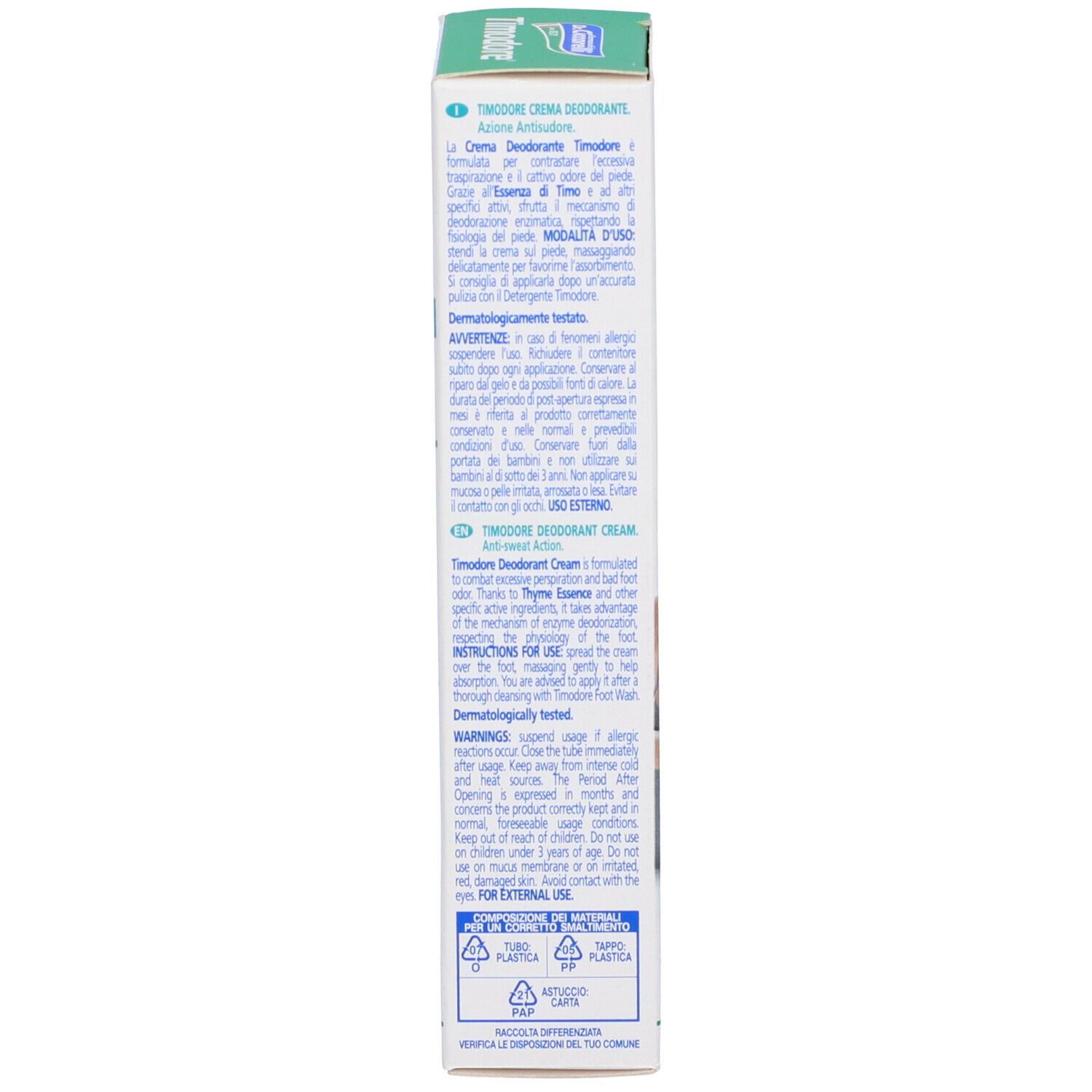 Retro della confezione del prodotto. Testo multilingue. Scritta: Timodore, Deodorant Cream. Logo Dr. Ciccarelli.