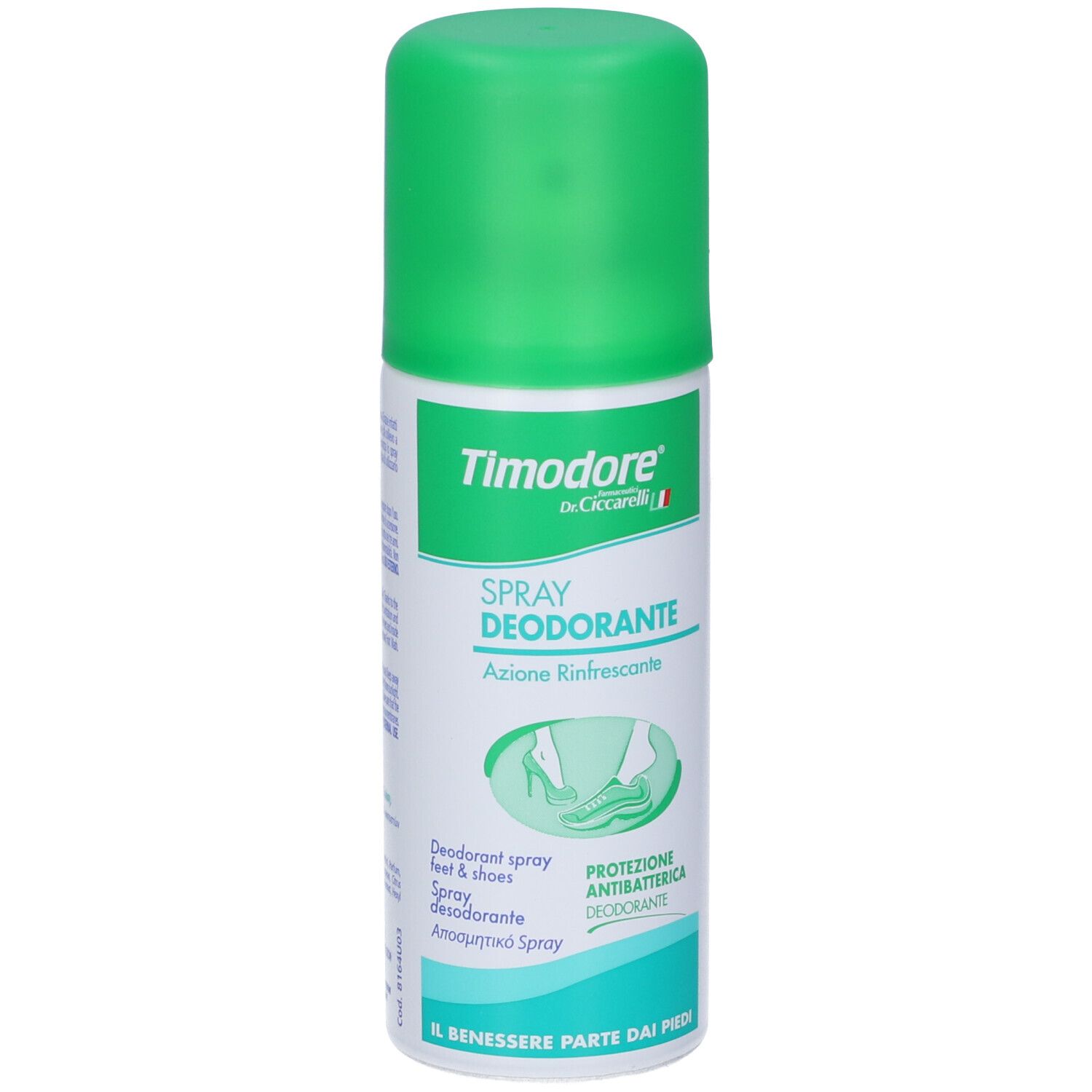 Timodore Deodorant Spray mit grünem Deckel, Vorderansicht.