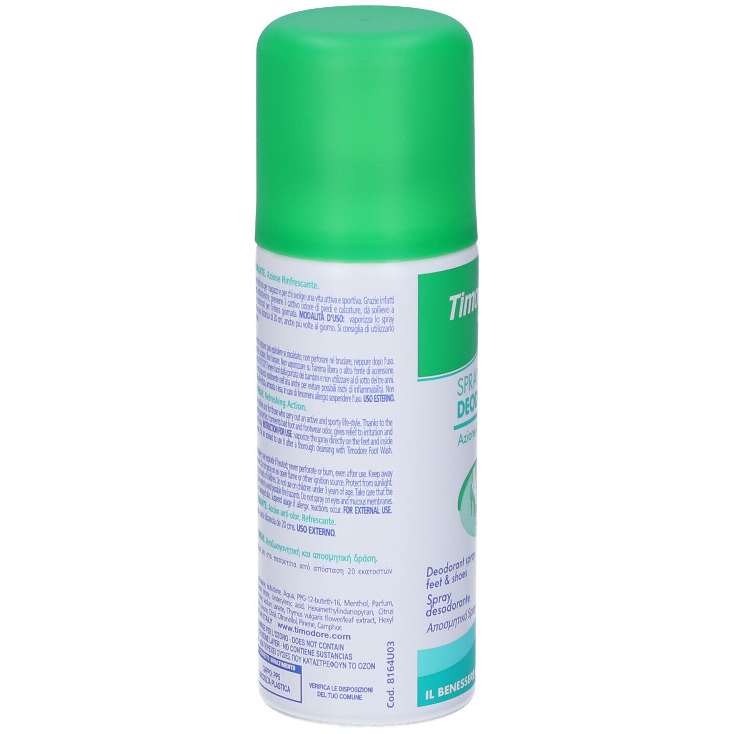 Timodore Deodorant Spray mit grünem Deckel, Seitenansicht mit Text.