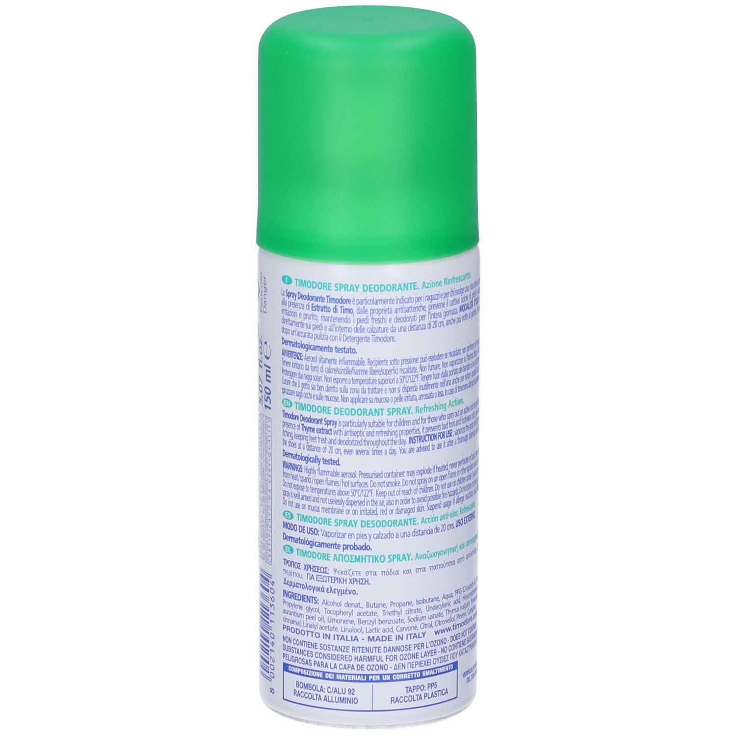 Timodore Deodorant Spray mit grünem Deckel, Rückansicht mit Text.
