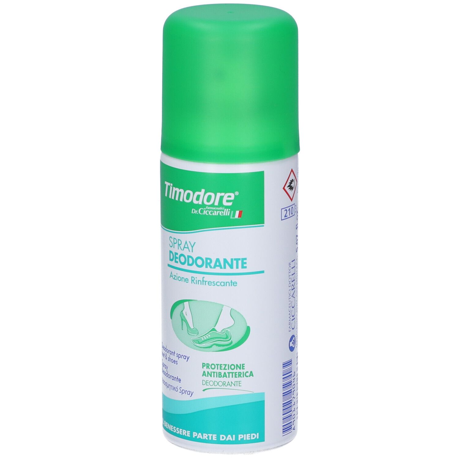 Timodore Deodorant Spray mit grünem Deckel, Vorderansicht mit Symbolen.