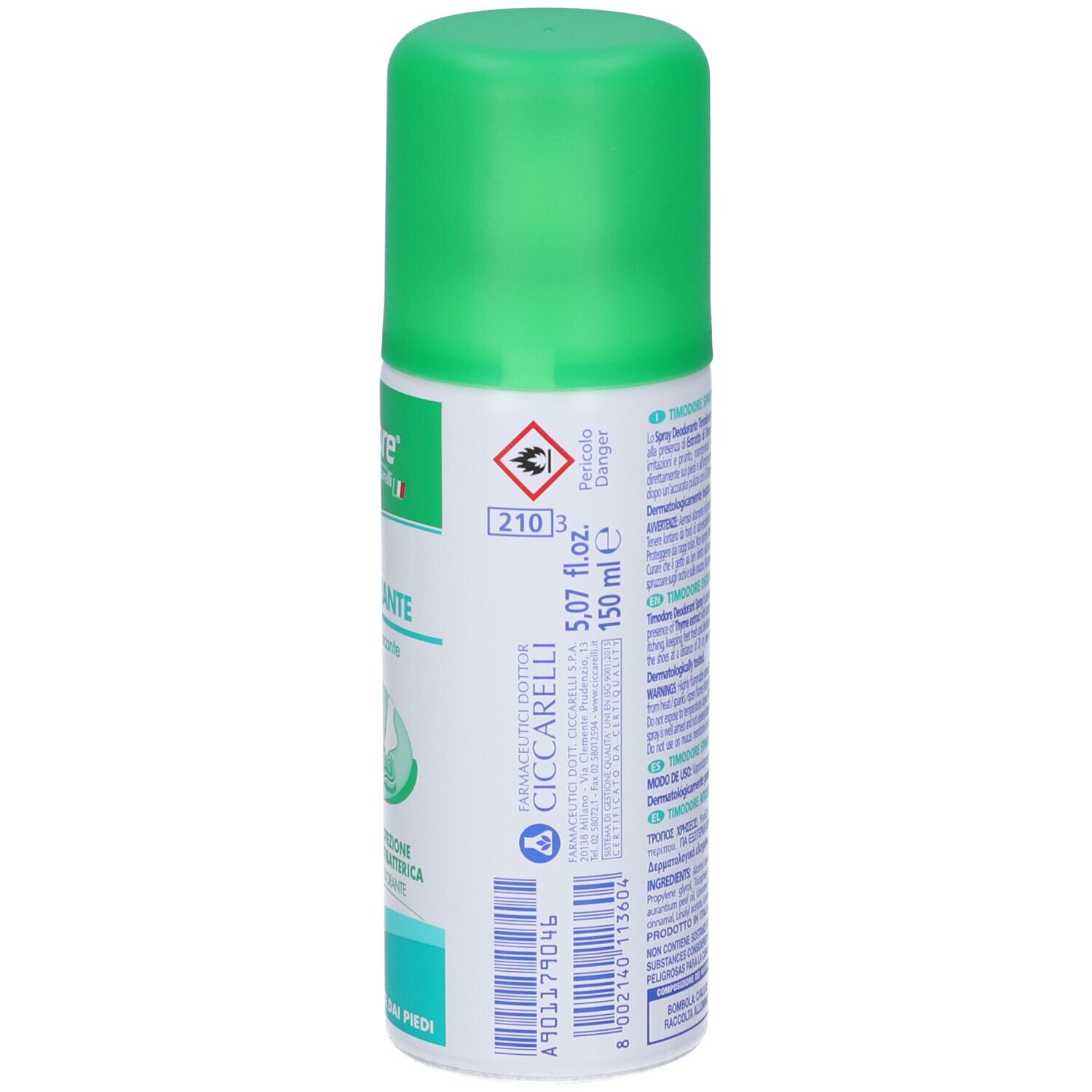 Timodore Deodorant Spray mit grünem Deckel, Seitenansicht mit Barcode.