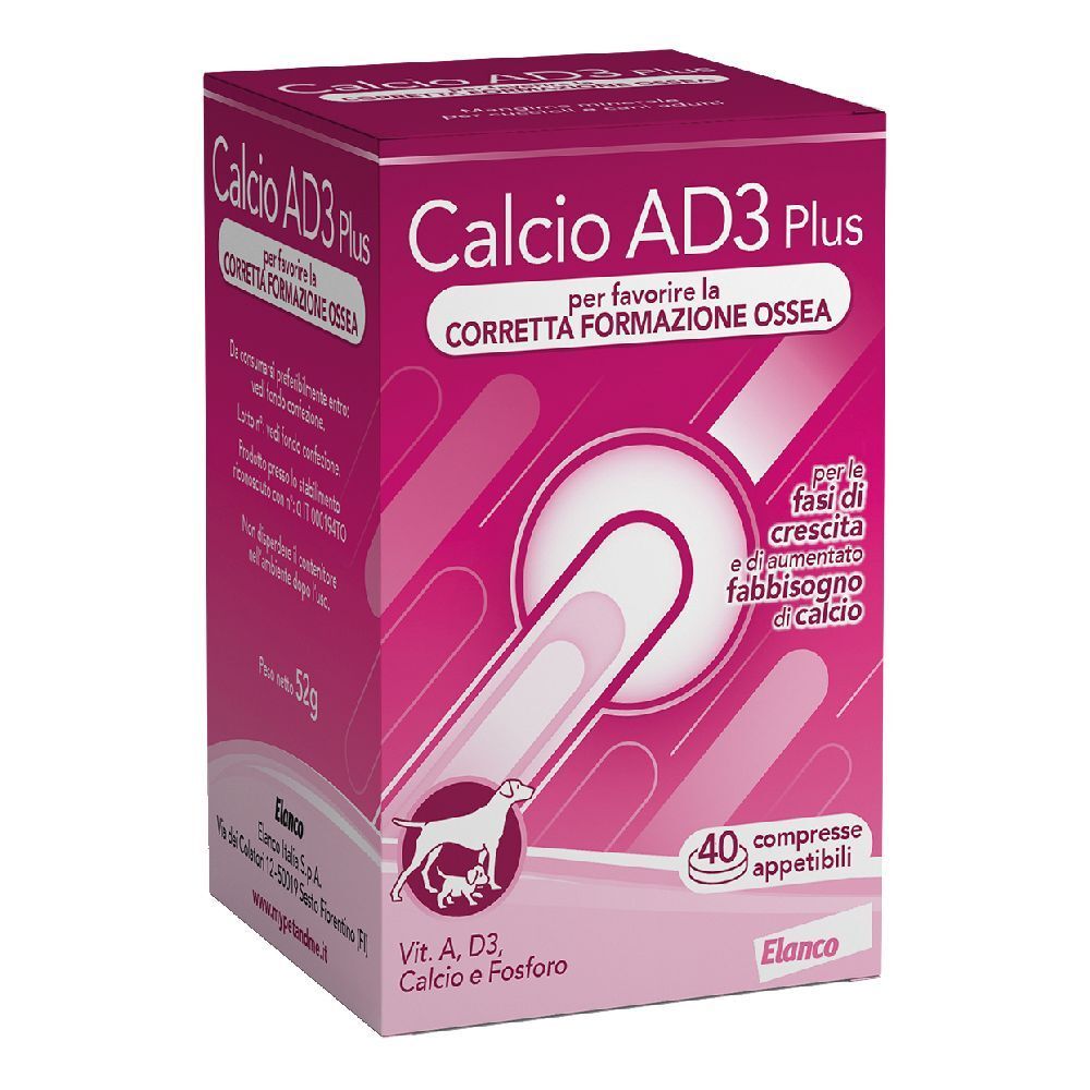 Scatola rosa Calcio AD3 Plus. Contiene 40 compresse. Logo Elanco.