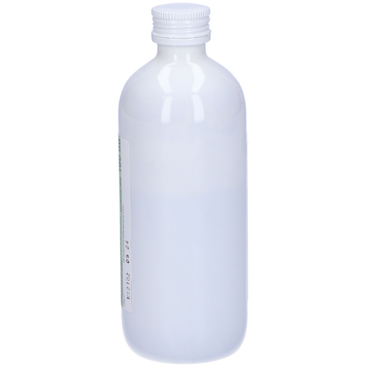 Flacone bianco con tappo a vite. Etichetta con informazioni sul contenuto. Etichette verdi e blu.