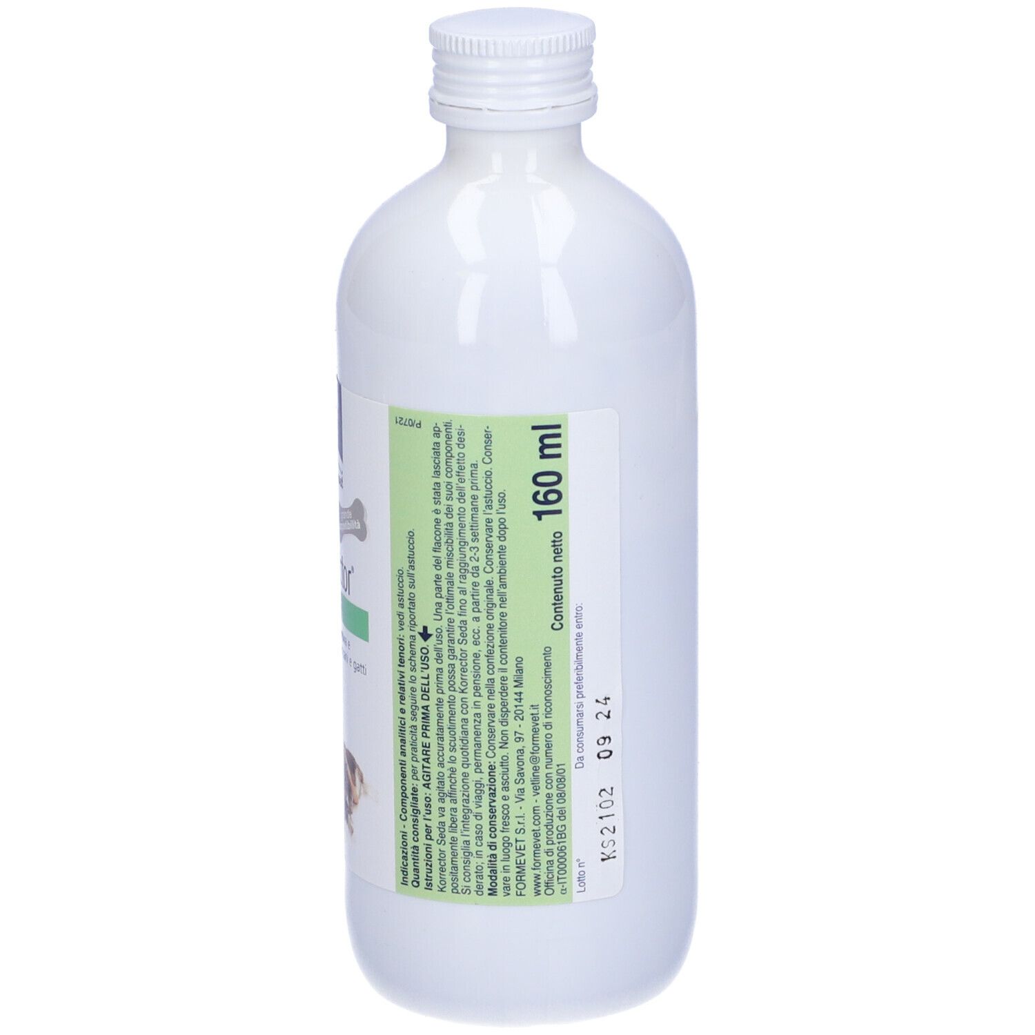 Flacone bianco con tappo a vite. Etichetta con informazioni sul contenuto e 160 ml. Etichette verdi e blu.