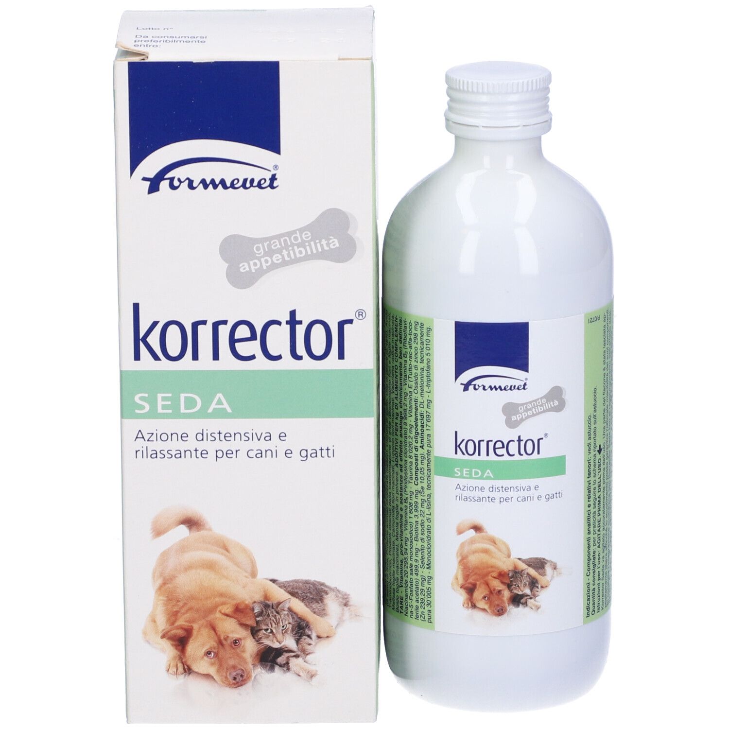 Flacone e confezione in cartone Korrector Seda. Scritte: Formevet, Korrector Seda. Immagine di cane e gatto.