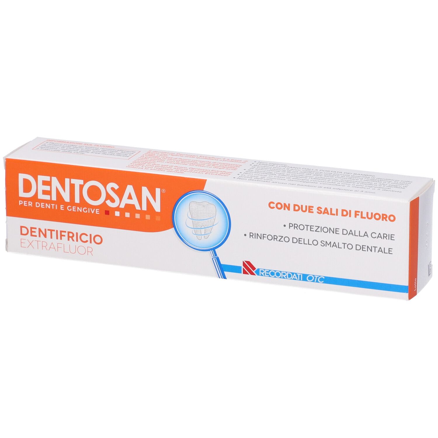 DENTOSAN Zahnpasta-Schachtel. Aufschrift: "DENTOSAN", "DENTIFRICIO EXTRAFLUOR".