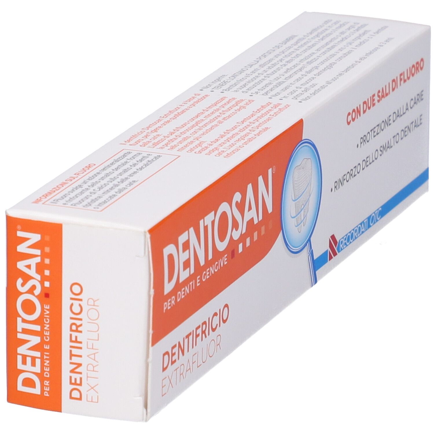 DENTOSAN Zahnpasta-Schachtel. Aufschrift: "DENTOSAN", "DENTIFRICIO EXTRAFLUOR".
