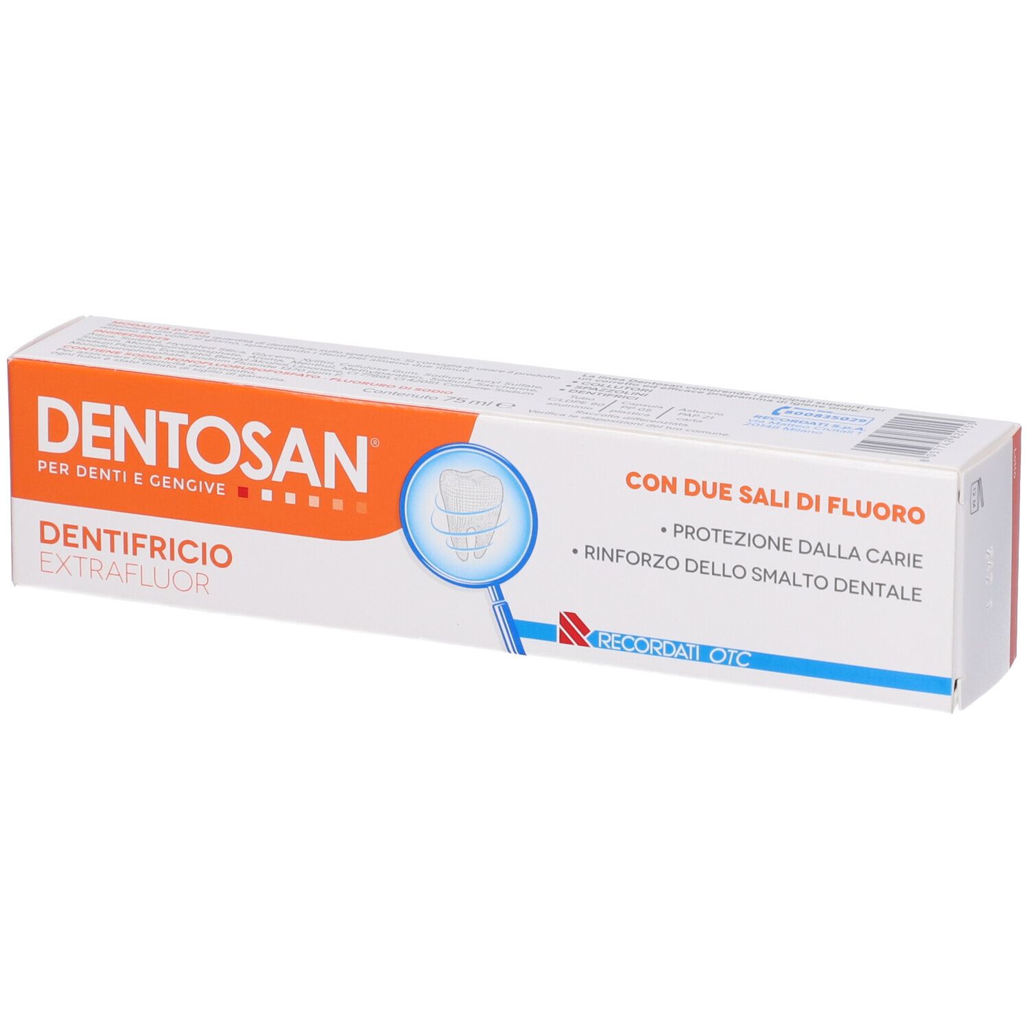 DENTOSAN Zahnpasta-Schachtel. Aufschrift: "DENTOSAN", "DENTIFRICIO EXTRAFLUOR".