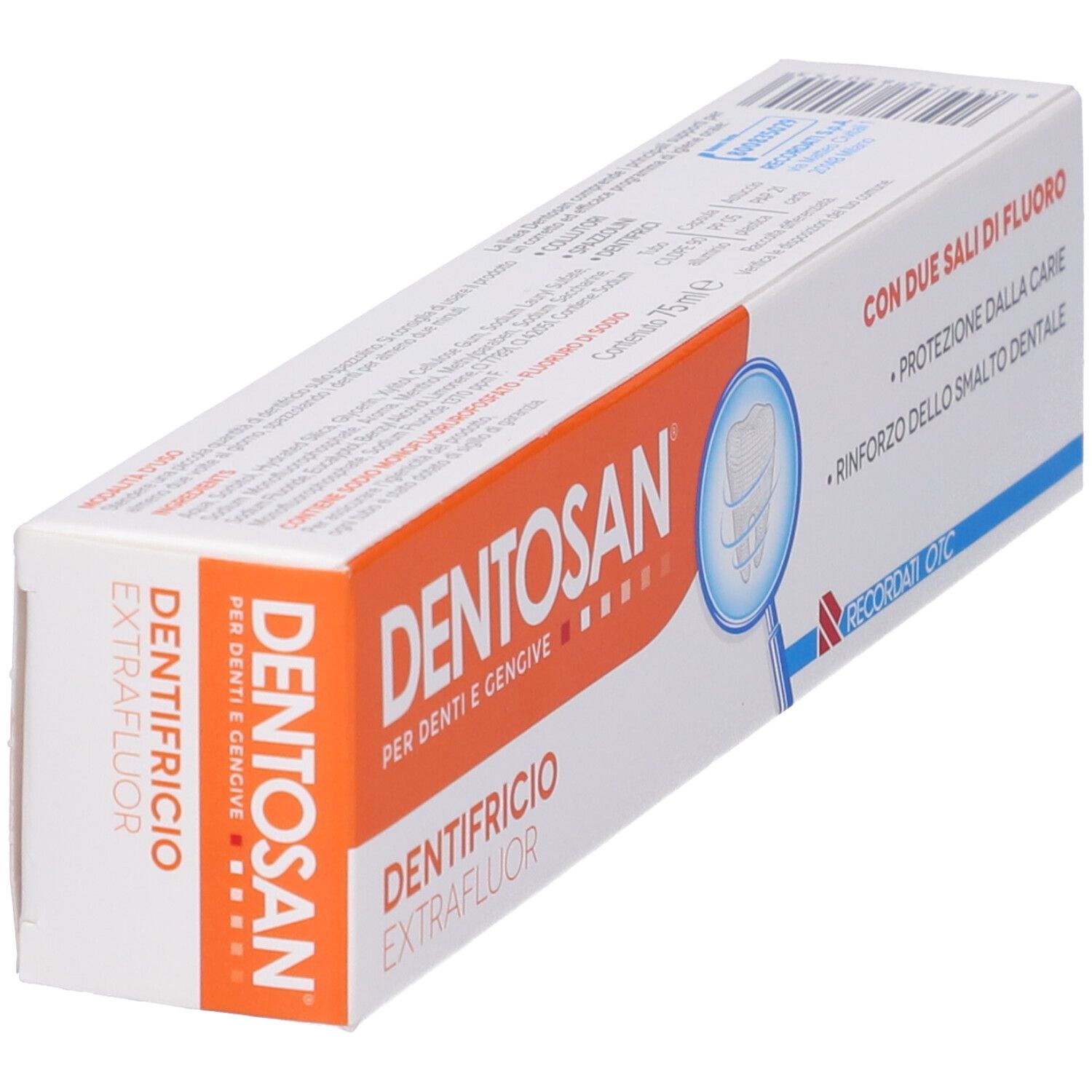 DENTOSAN Zahnpasta-Schachtel. Aufschrift: "DENTOSAN", "DENTIFRICIO EXTRAFLUOR".