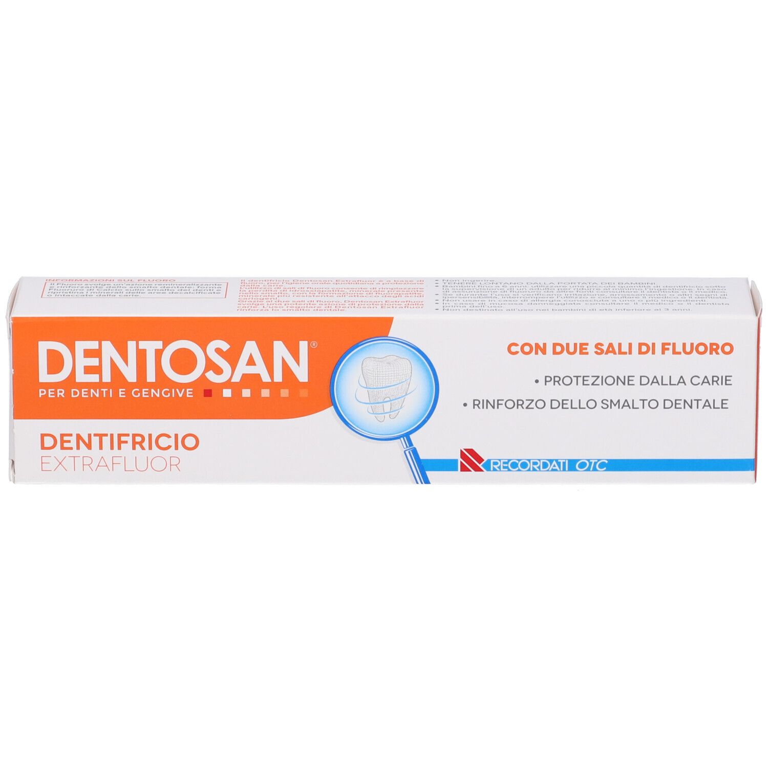 DENTOSAN Zahnpasta-Schachtel. Aufschrift: "DENTOSAN", "DENTIFRICIO EXTRAFLUOR".