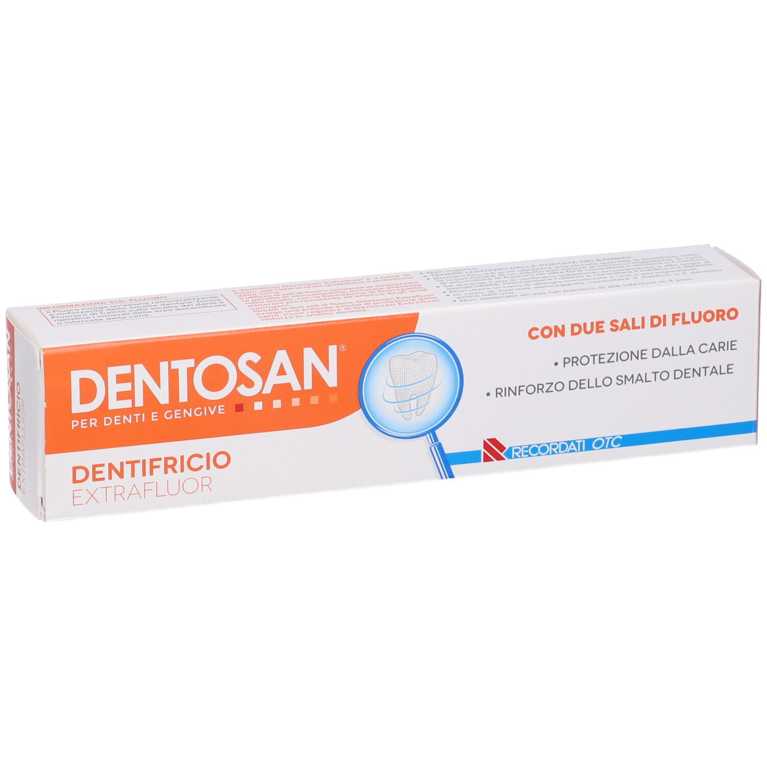 DENTOSAN Zahnpasta-Schachtel. Aufschrift: "DENTOSAN", "DENTIFRICIO EXTRAFLUOR".