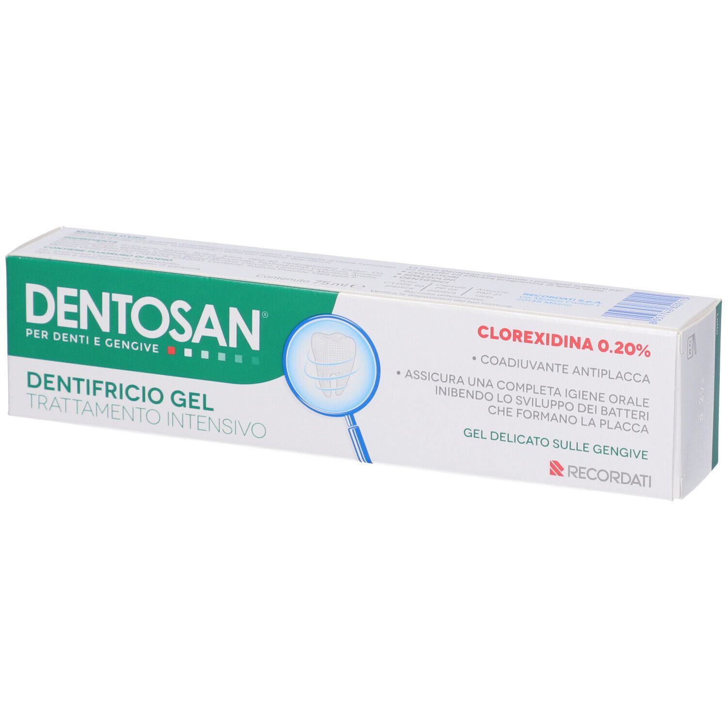Zahncreme-Verpackung. Weiß, grün. Aufschrift: DENTOSAN, Dentifricio Gel, Trattamento Intensivo. Mit Chlorhexidin 0,20%.