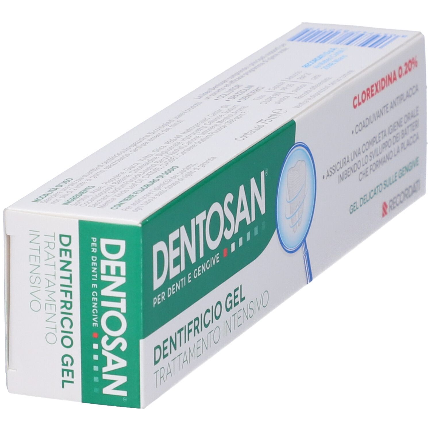 Zahncreme-Verpackung. Weiß, grün. Aufschrift: DENTOSAN, Dentifricio Gel, Trattamento Intensivo. Mit Chlorhexidin 0,20%.