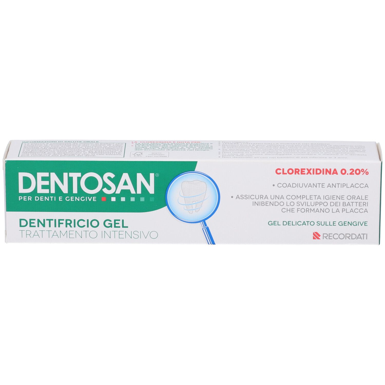 Zahncreme-Verpackung. Weiß, grün. Aufschrift: DENTOSAN, Dentifricio Gel, Trattamento Intensivo. Mit Chlorhexidin 0,20%.