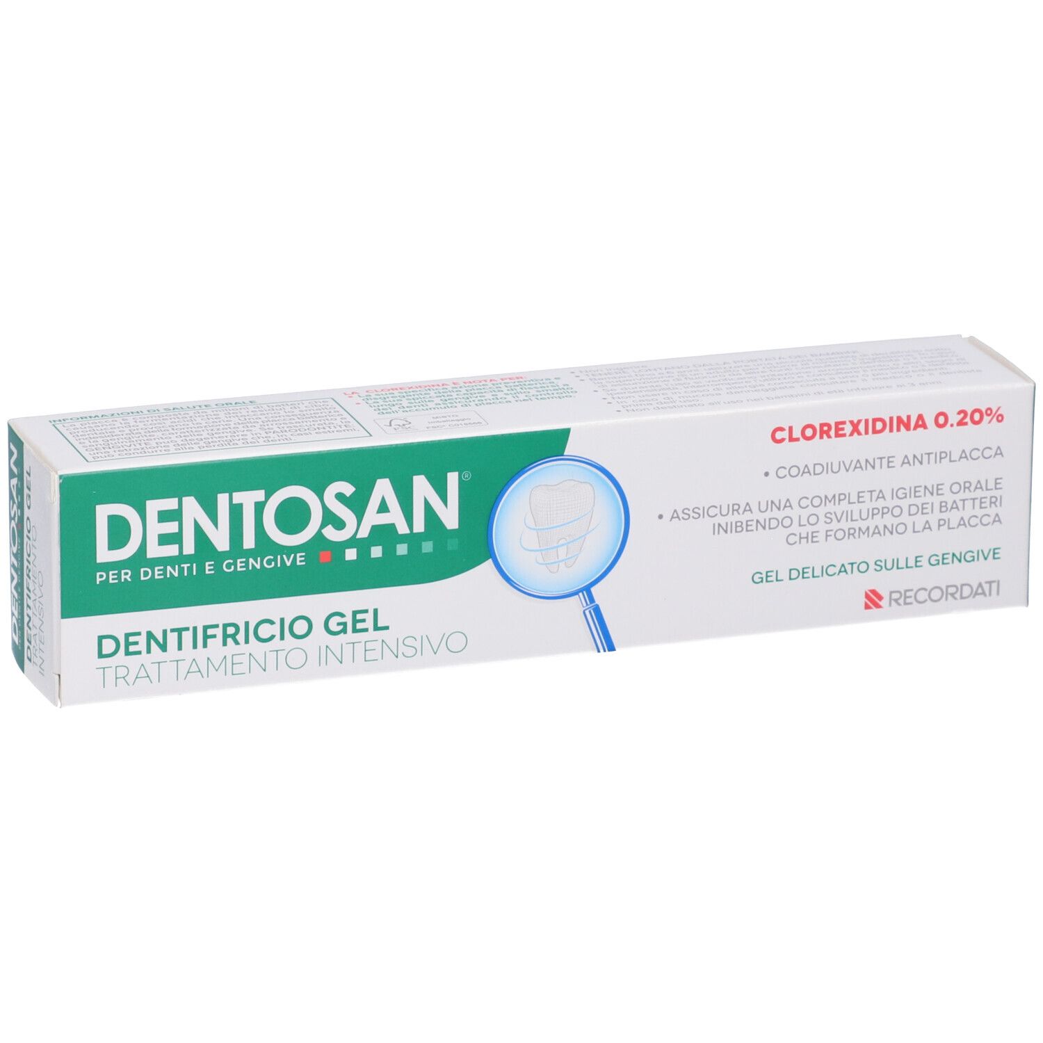 Zahncreme-Verpackung. Weiß, grün. Aufschrift: DENTOSAN, Dentifricio Gel, Trattamento Intensivo. Mit Chlorhexidin 0,20%.