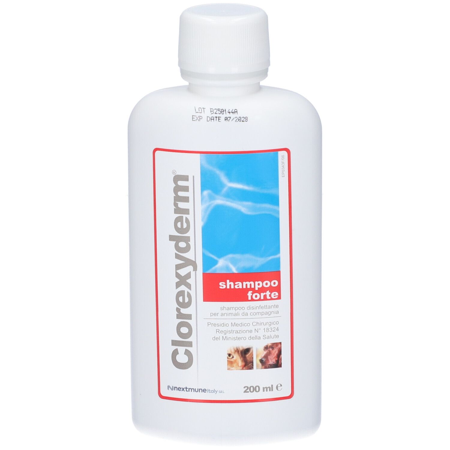 Clorexyderm Shampoo Forte Flasche mit 200 ml Inhalt.
