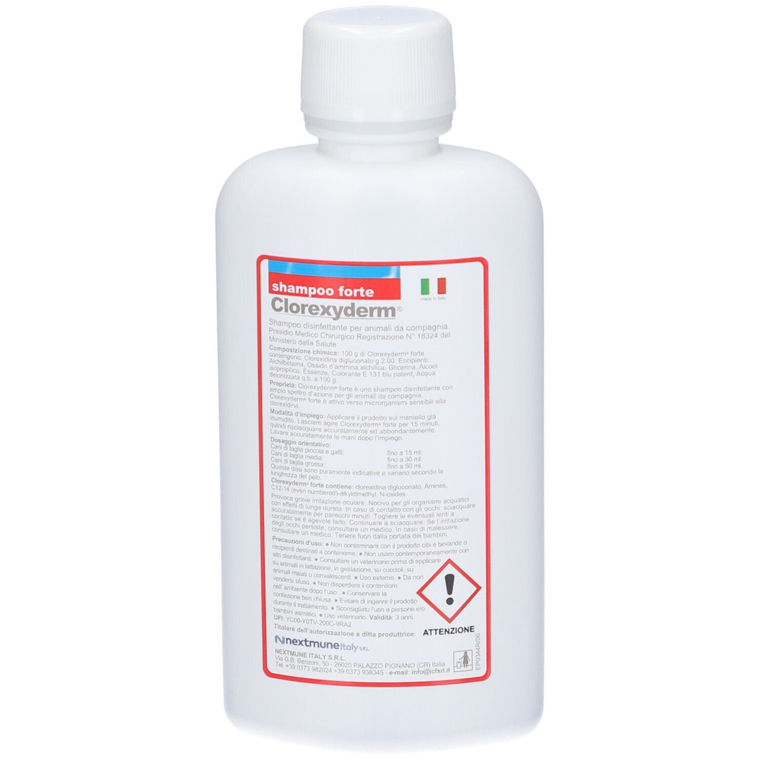 Flasche 'Clorexyderm Shampoo Forte' für Tiere, 200 ml.