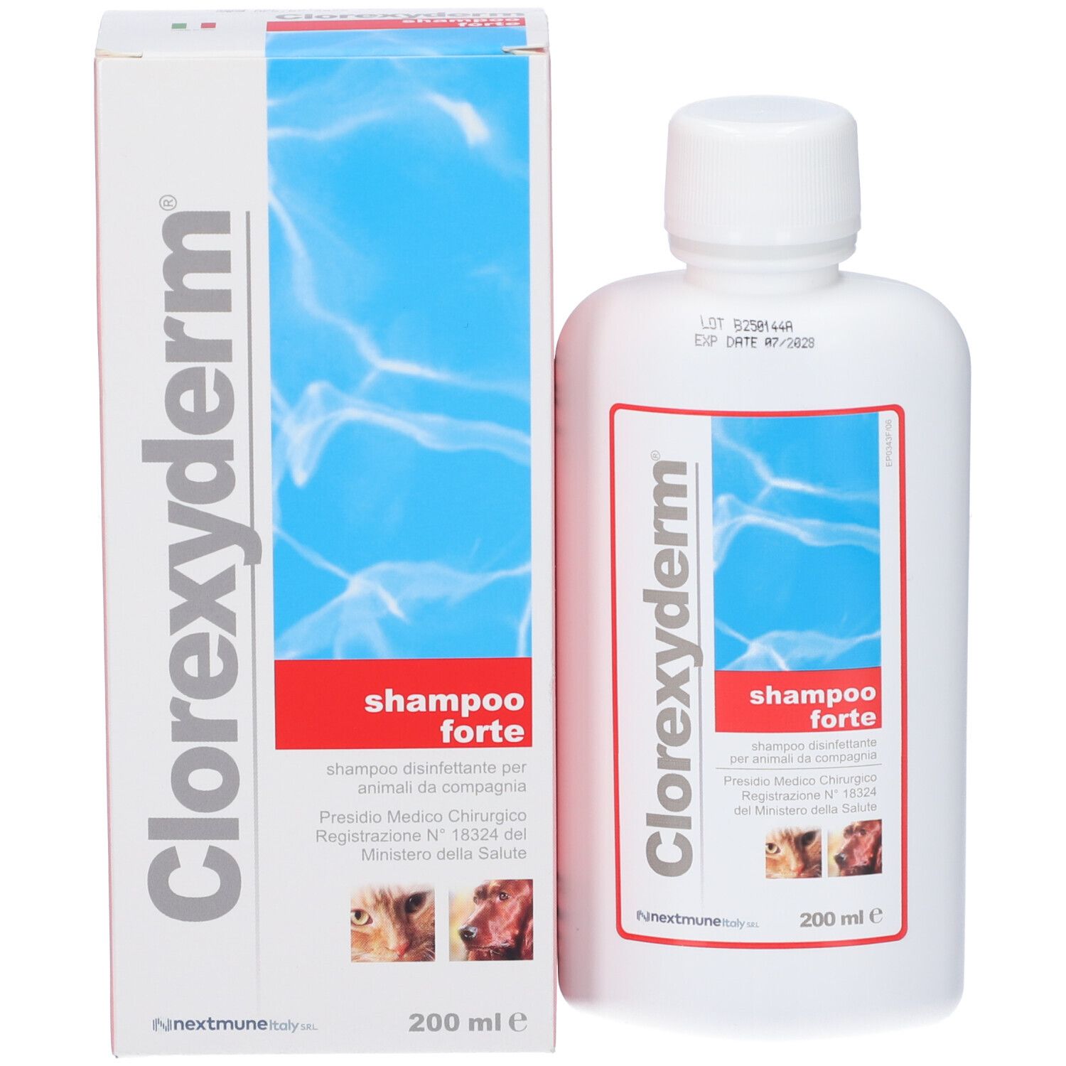 Clorexyderm Shampoo Forte Flasche und Karton, 200 ml.