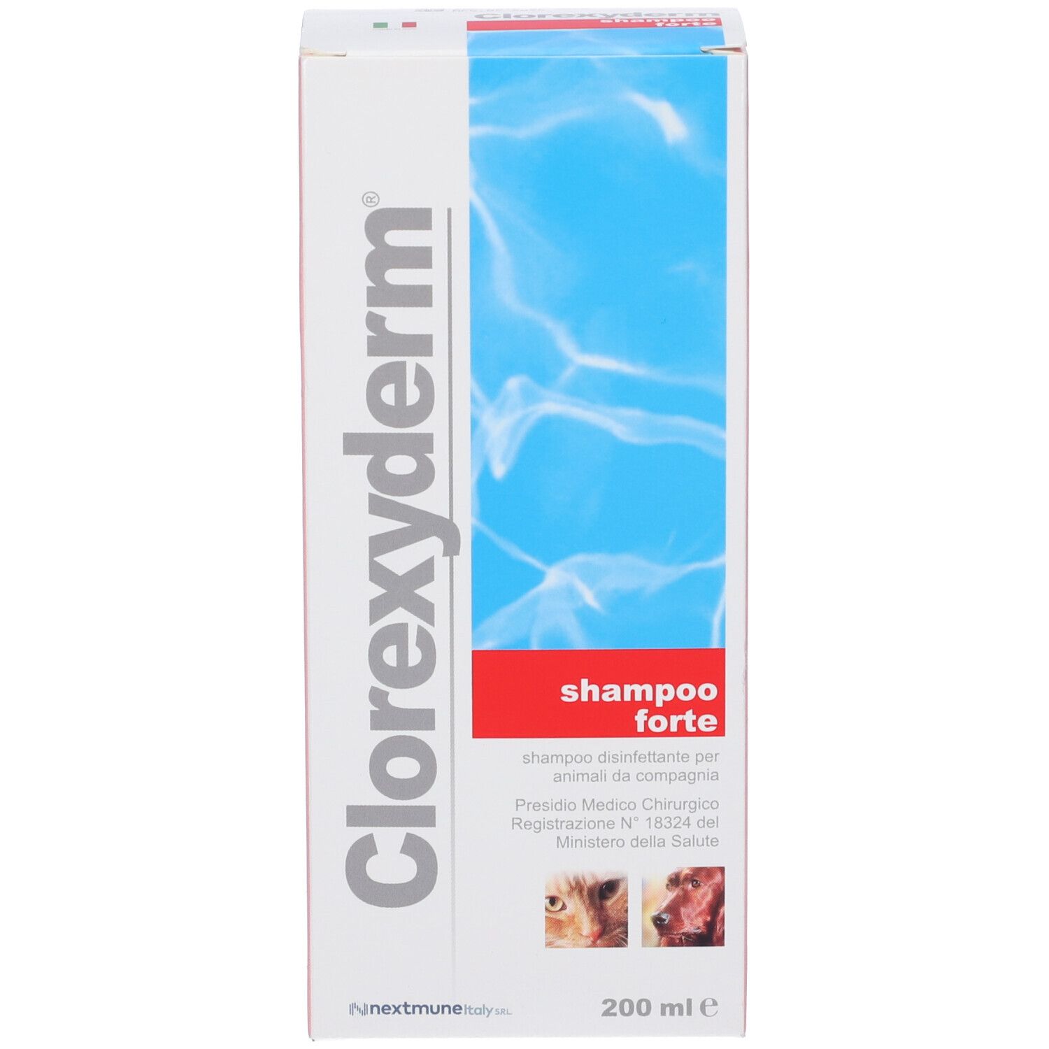 Verpackung von 'Clorexyderm Shampoo Forte' für Tiere, 200 ml.