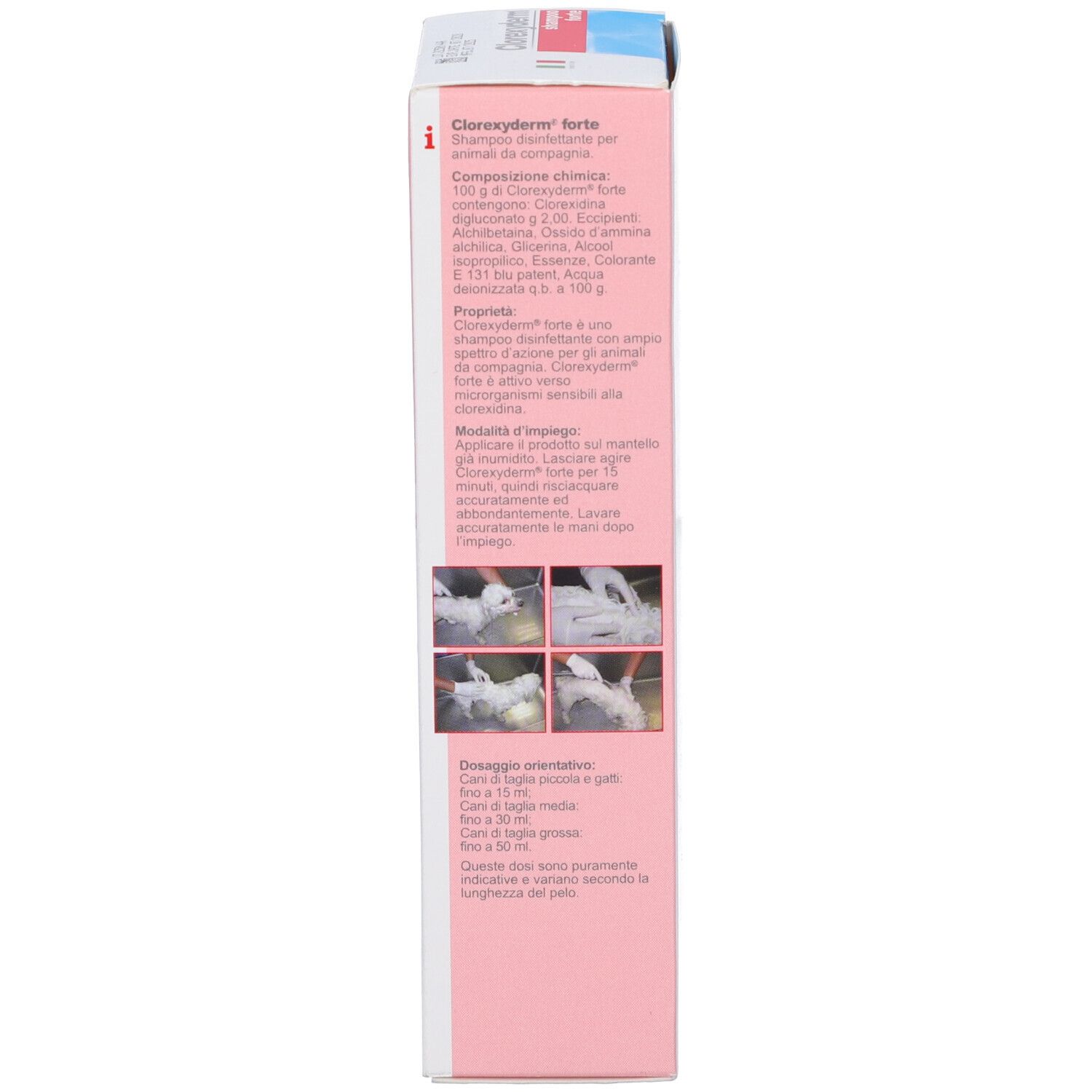 Verpackung von 'Clorexyderm Shampoo Forte' für Tiere, 200 ml.