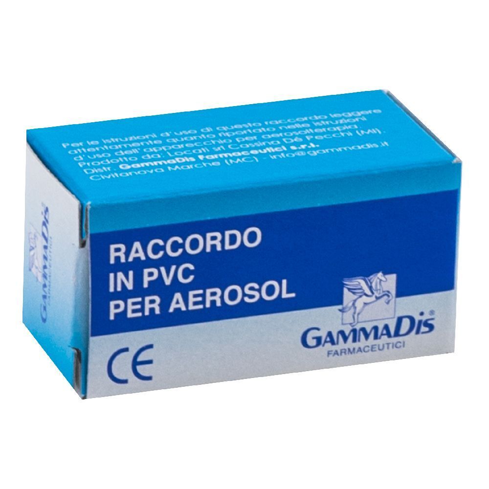 Scatola blu e bianca con testo: Raccordo in PVC per Aerosol. Logo: Pegaso. Marchio: GammaDis. Marchio CE.