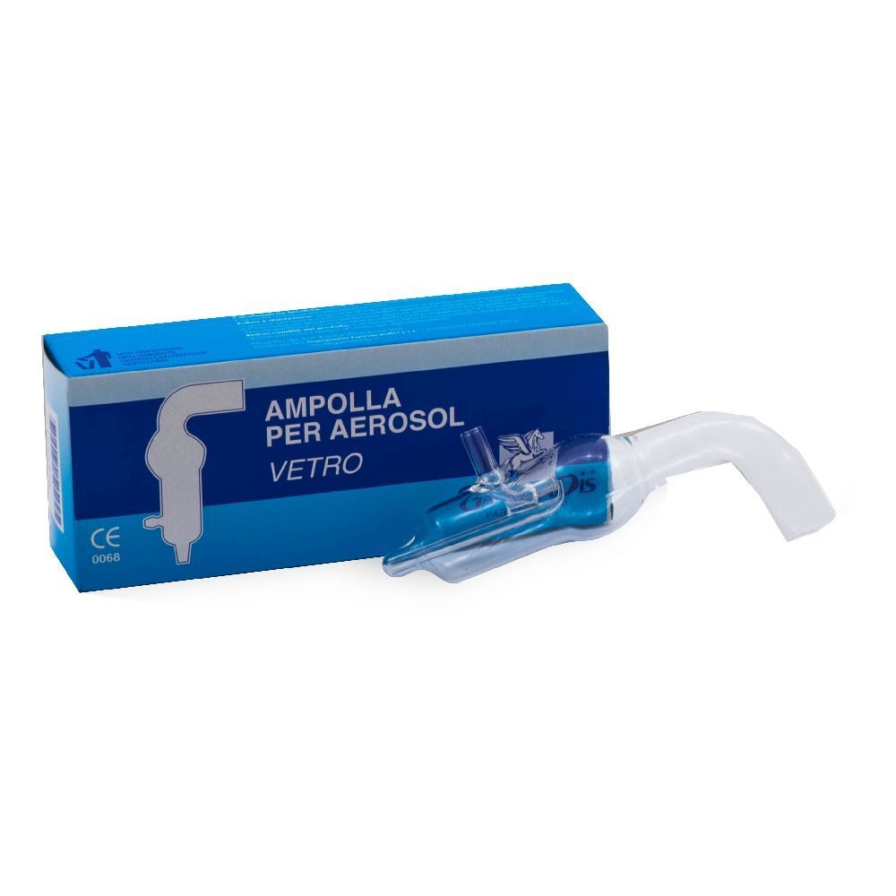 Ampolla di ricambio per aerosol in vetro. Liquido blu visibile. Confezione con nome prodotto e marchio CE.