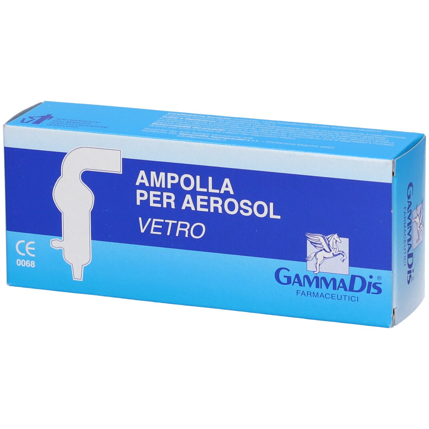 Confezione blu e bianca per ampolla aerosol, nome prodotto e logo. Marchio GammaDis, marchio CE.