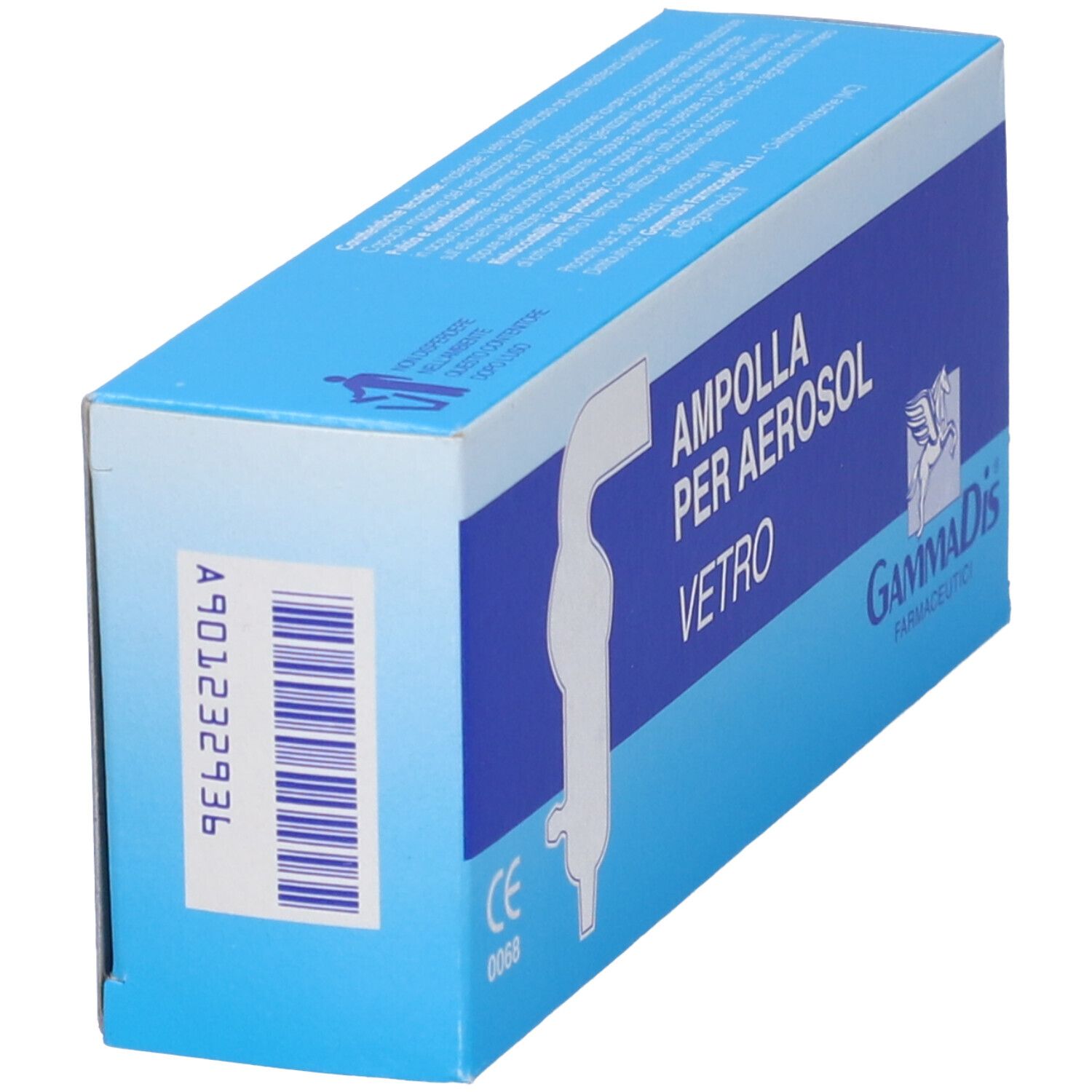 Confezione blu e bianca per ampolla aerosol, nome prodotto e logo. Marchio GammaDis, marchio CE.