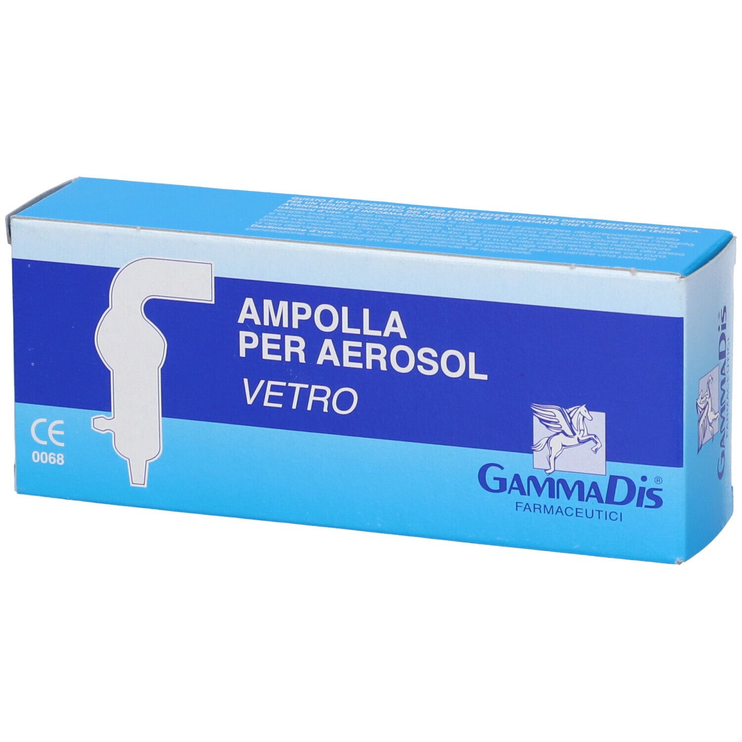 Confezione blu e bianca per ampolla aerosol, nome prodotto e logo. Marchio GammaDis, marchio CE.