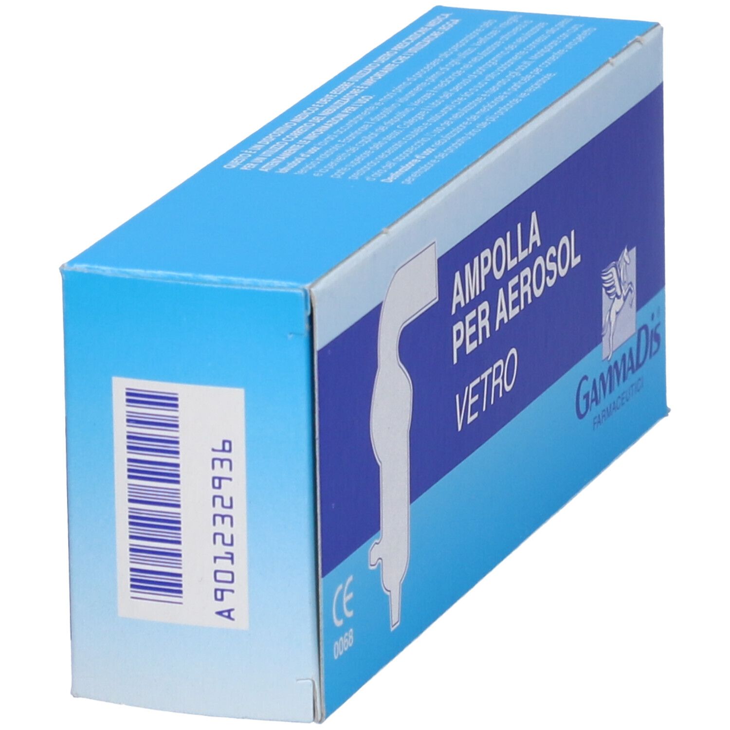 Confezione blu e bianca per ampolla aerosol, nome prodotto e logo. Marchio GammaDis, marchio CE.
