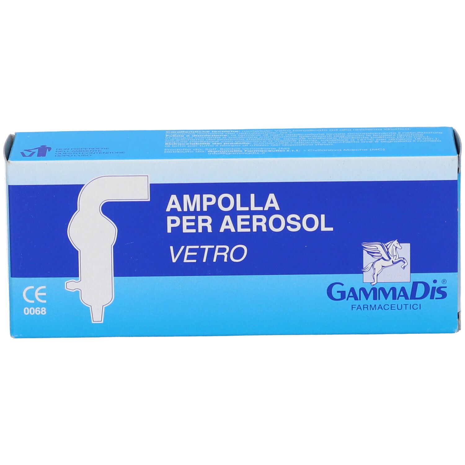 Confezione blu e bianca per ampolla aerosol, nome prodotto e logo. Marchio GammaDis, marchio CE.