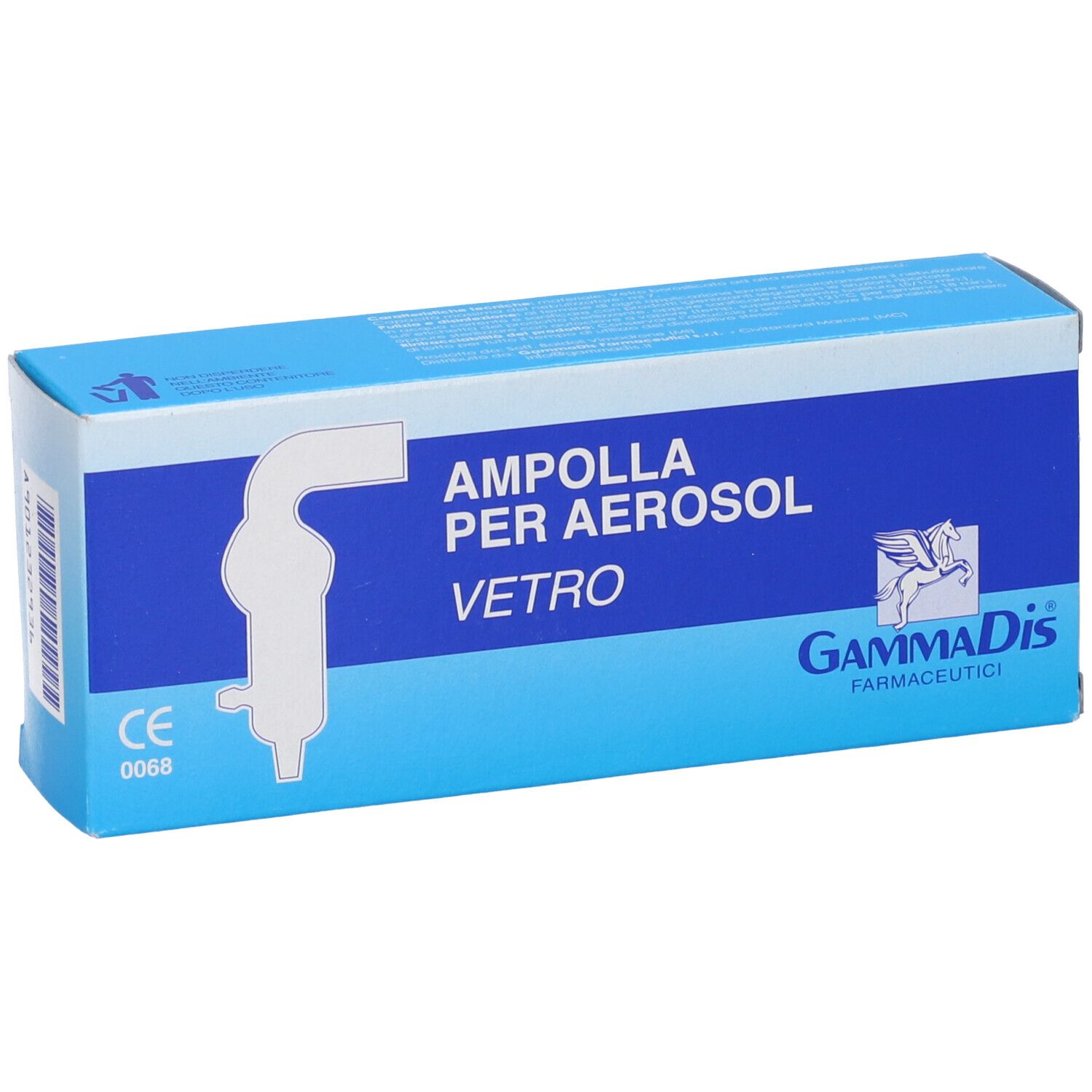Confezione blu e bianca per ampolla aerosol, nome prodotto e logo. Marchio GammaDis, marchio CE.