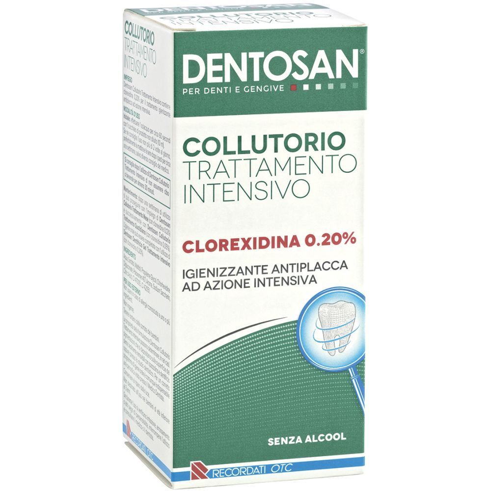 Scatola di Dentosan® Mundwasser-Intensivbehandlung. Testo: Collutorio Trattamento Intensivo, Clorexidina 0,20%, senza alcool.
