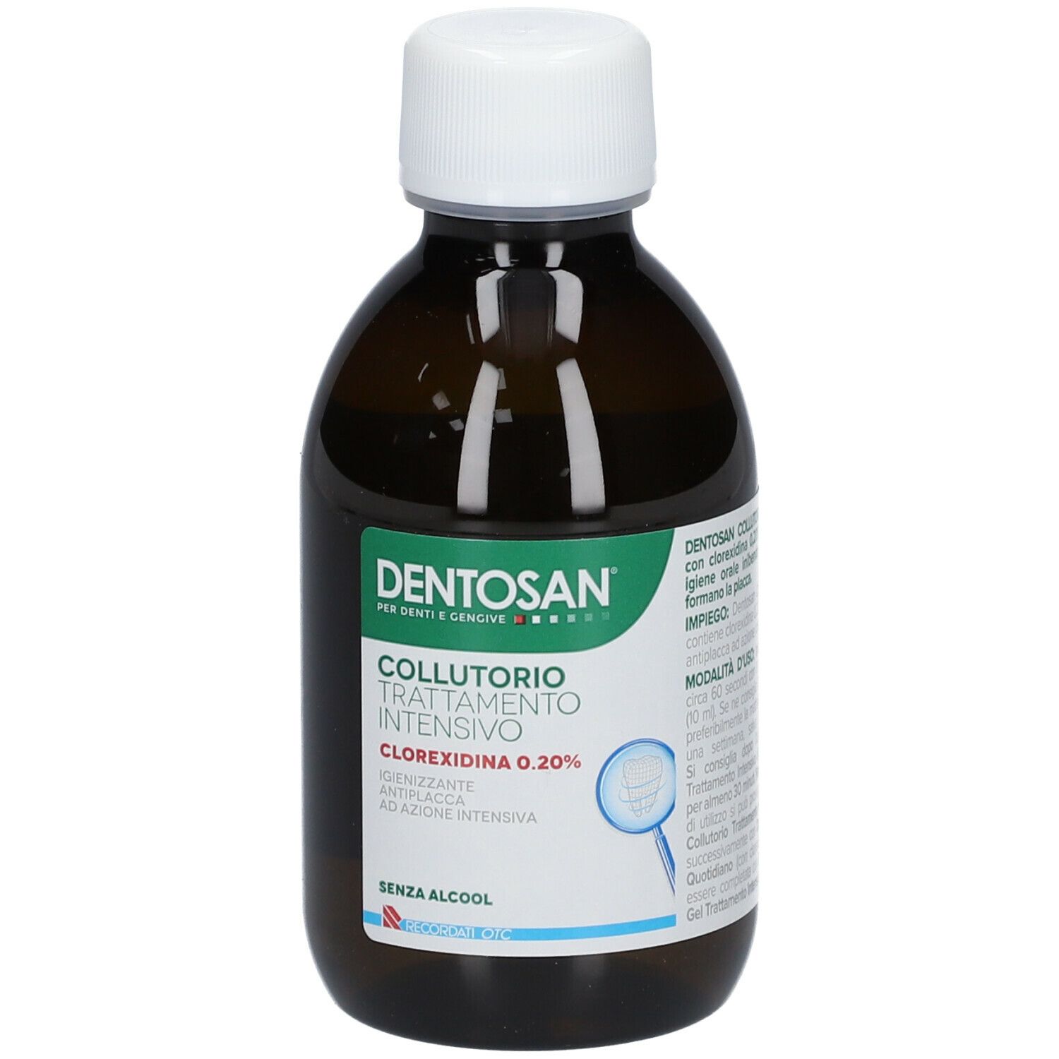 Flacone marrone con tappo bianco. Etichetta: Dentosan®, Collutorio Trattamento Intensivo, Clorexidina 0,20%, senza alcool.