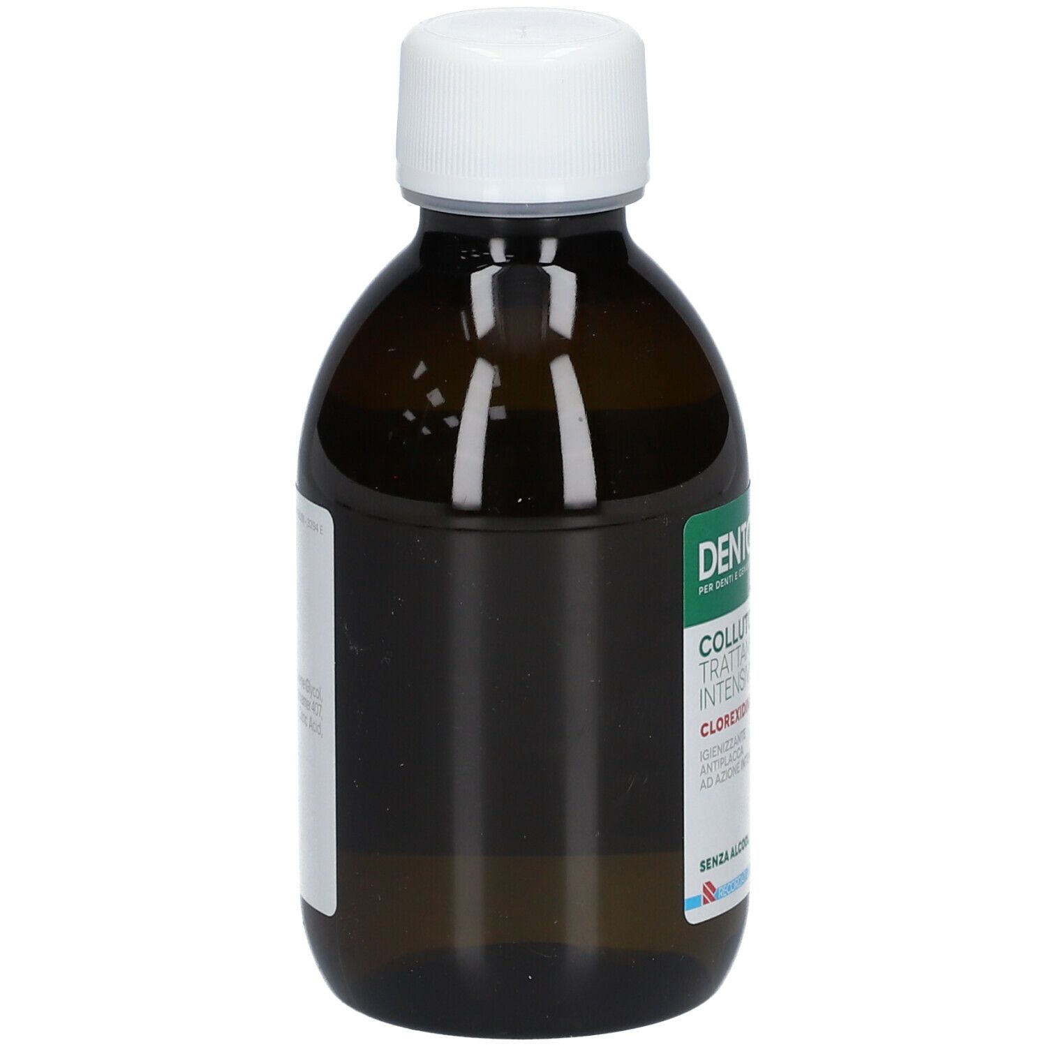 Flacone marrone con tappo bianco. Etichetta con informazioni sul prodotto.