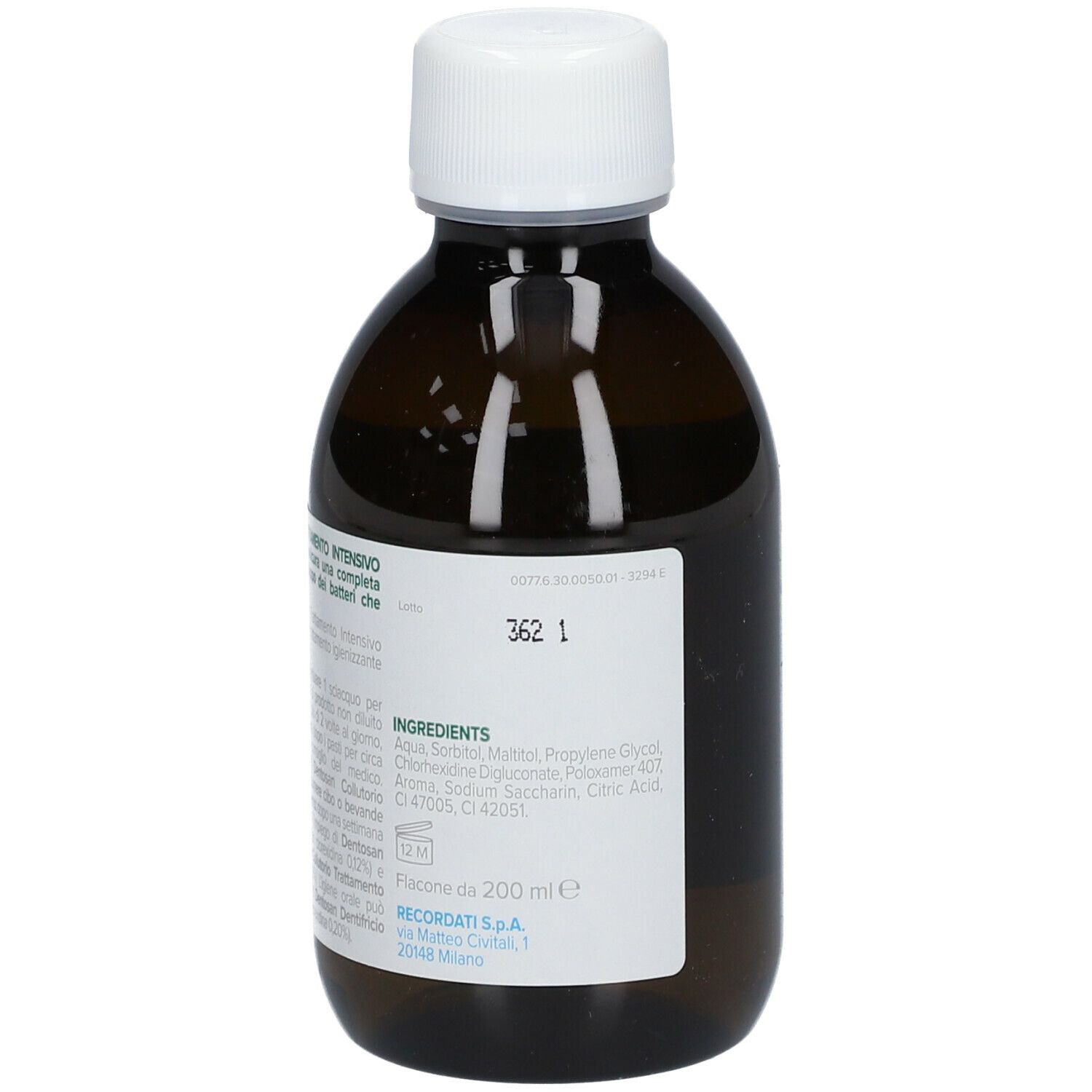 Flacone marrone con tappo bianco. Etichetta con ingredienti e informazioni del produttore.