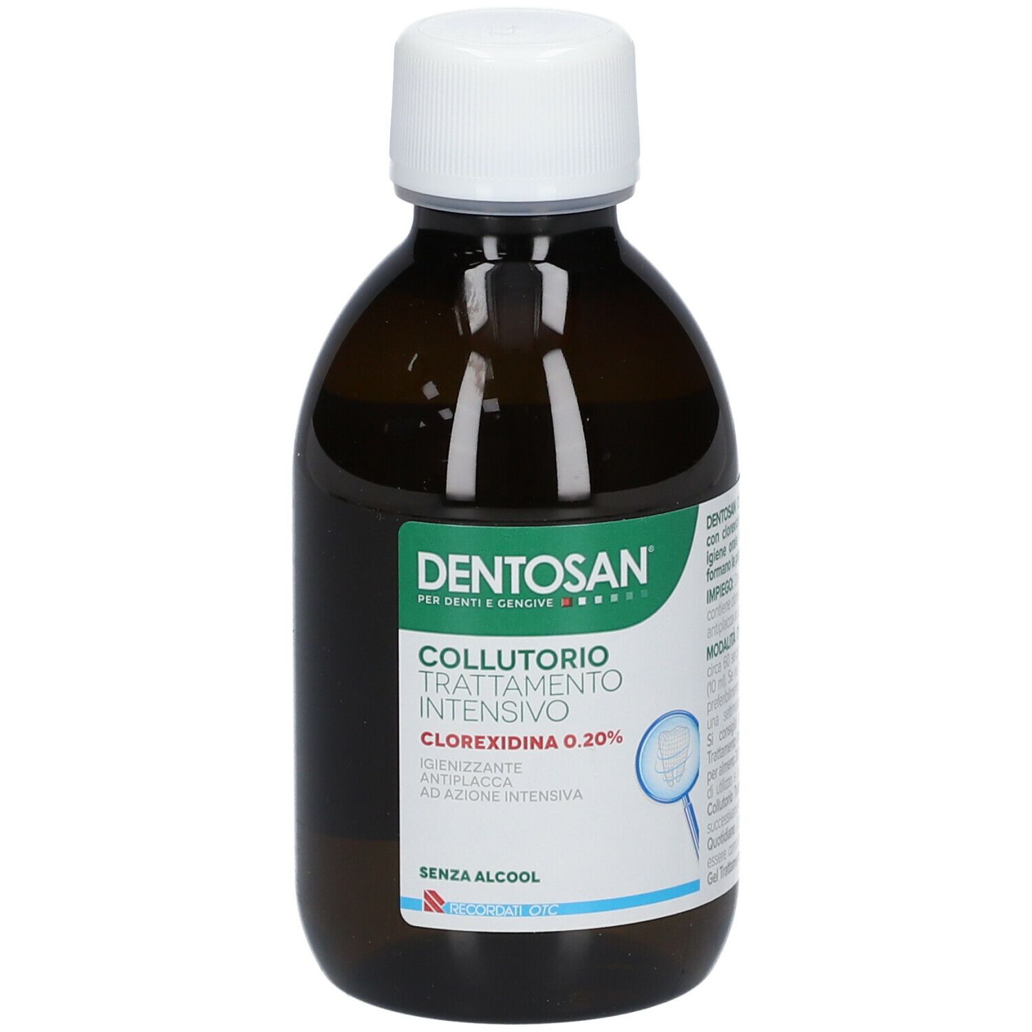 Flacone marrone con tappo bianco. Etichetta: Dentosan®, Collutorio Trattamento Intensivo, Clorexidina 0,20%, senza alcool.