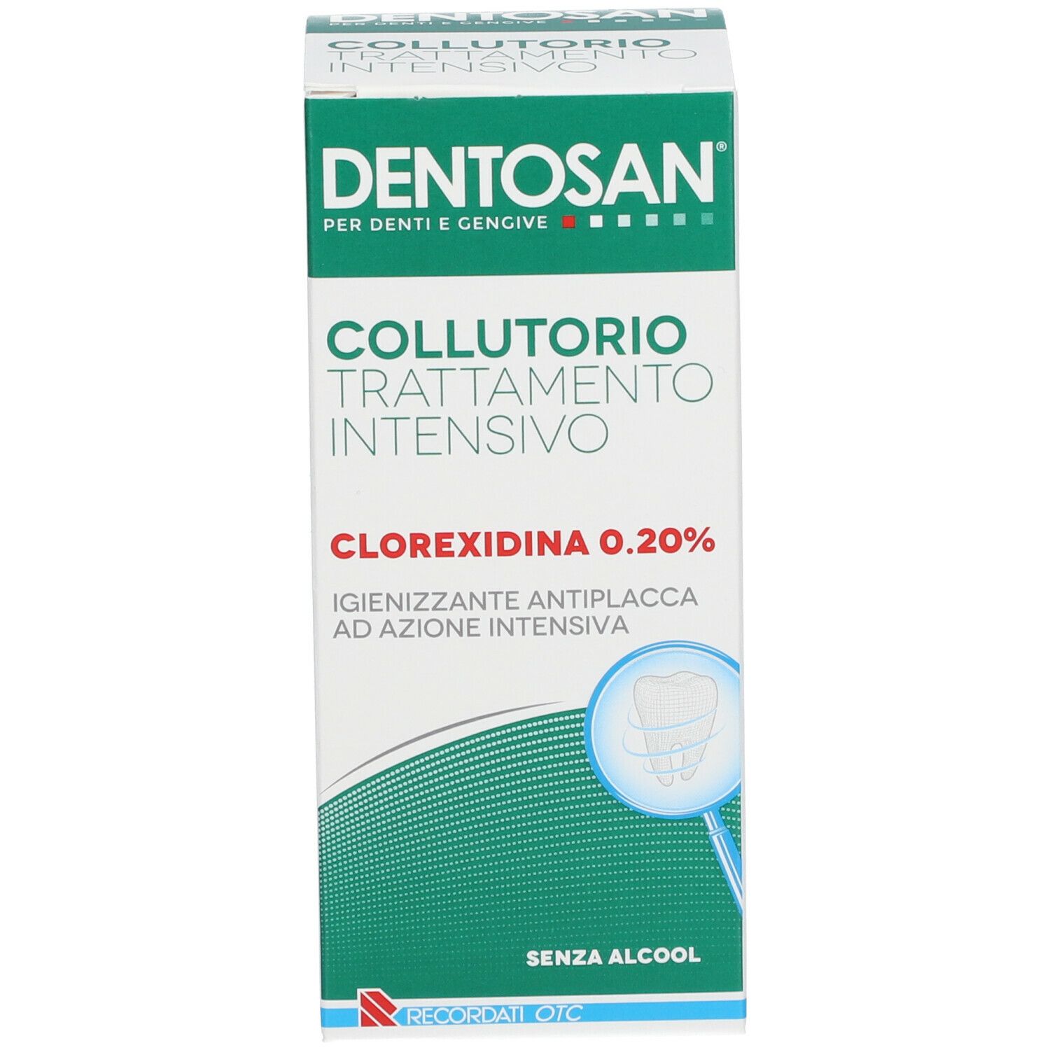 Scatola di Dentosan® Mundwasser-Intensivbehandlung. Testo: Collutorio Trattamento Intensivo, Clorexidina 0,20%, senza alcool.