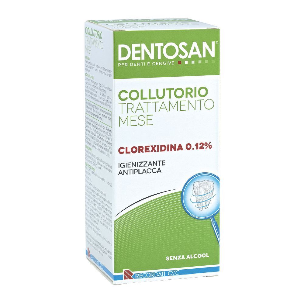 Scatola verde e bianca. Scritto: Dentosan, collutorio, trattamento, Clorexidina 0,12%.